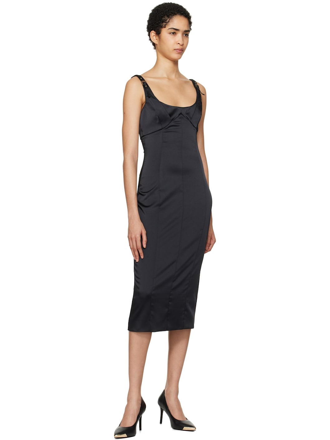 Black Satin Midi Dress - 4
