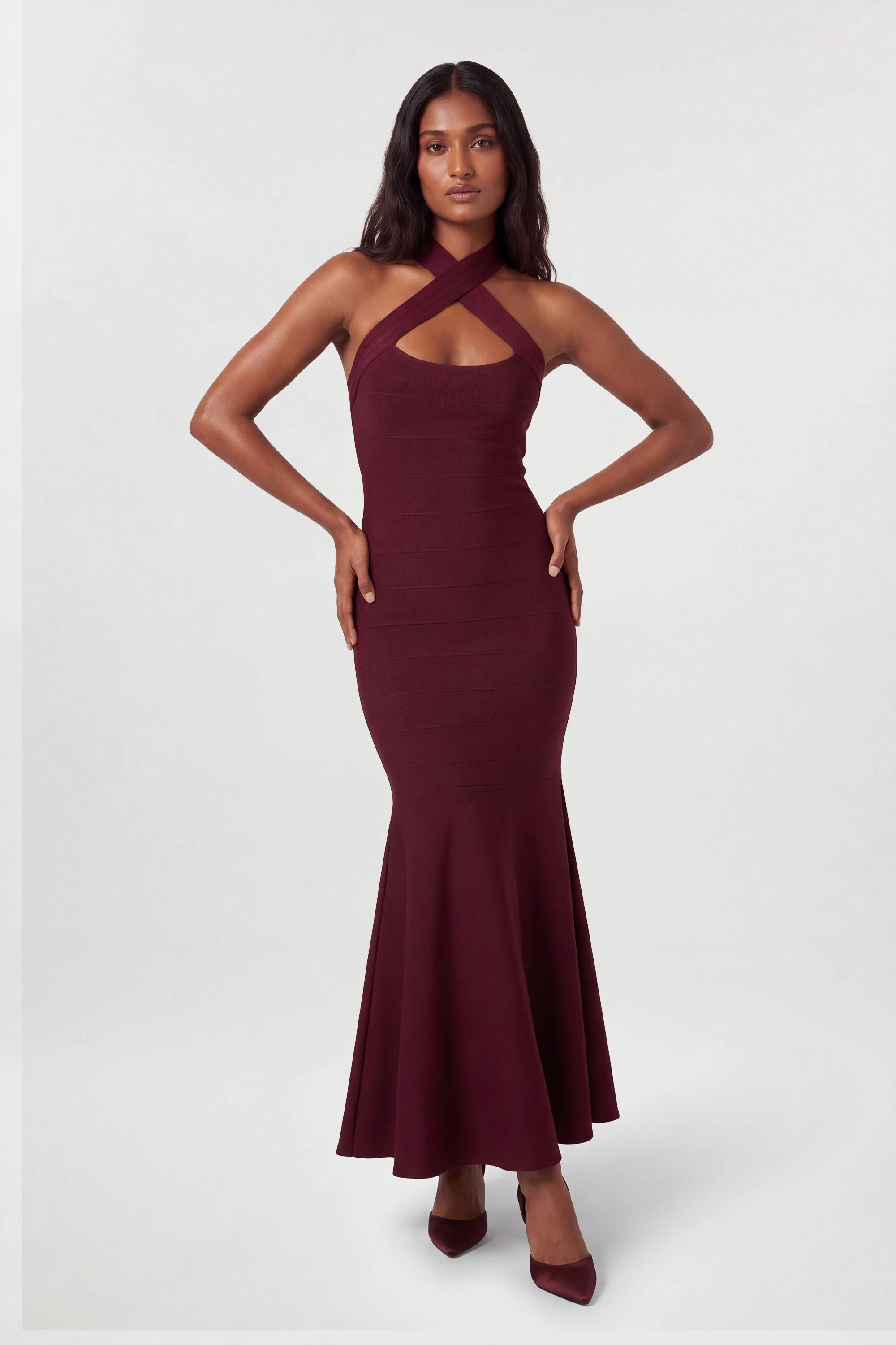 Figure Form Bandage Halter Neck Knit Maxi Dress With Train - 1