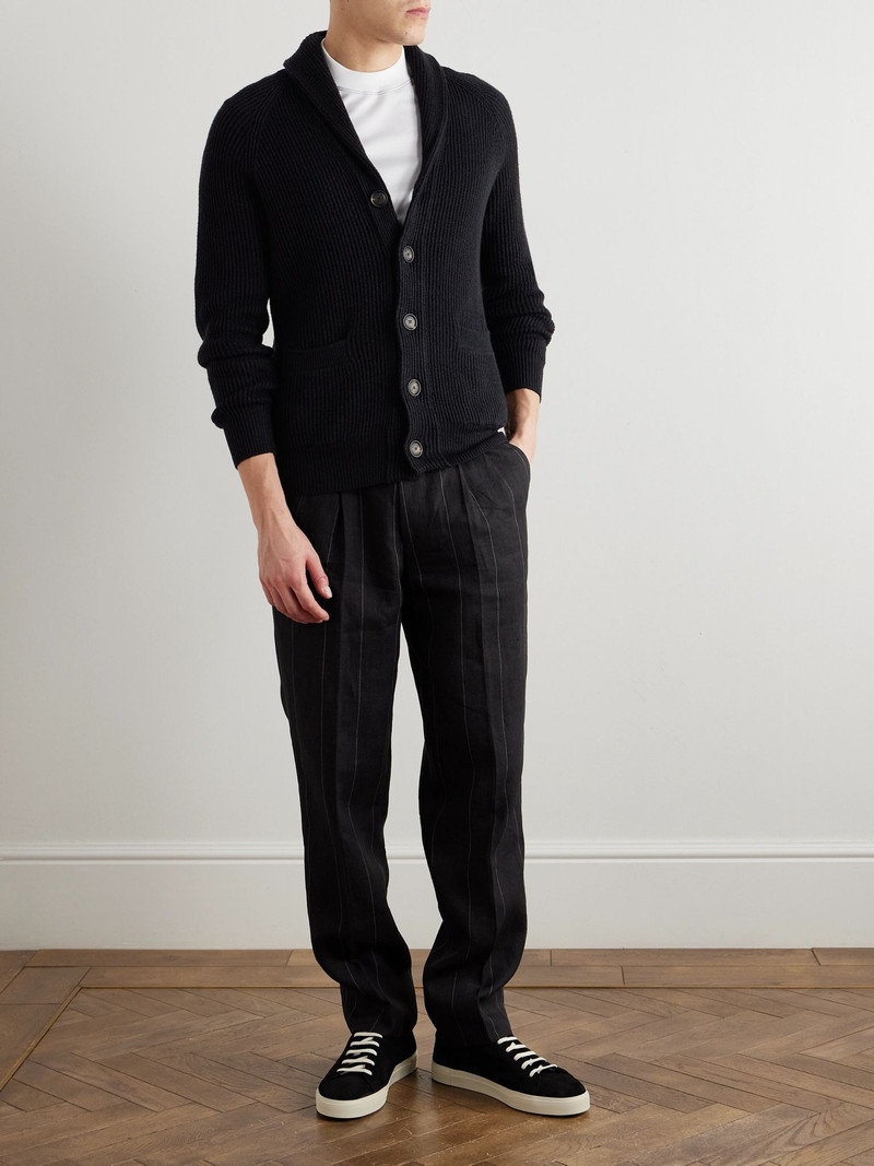 Brunello Cucinelli Shawl-Collar Ribbed Cotton Cardigan Black outlook