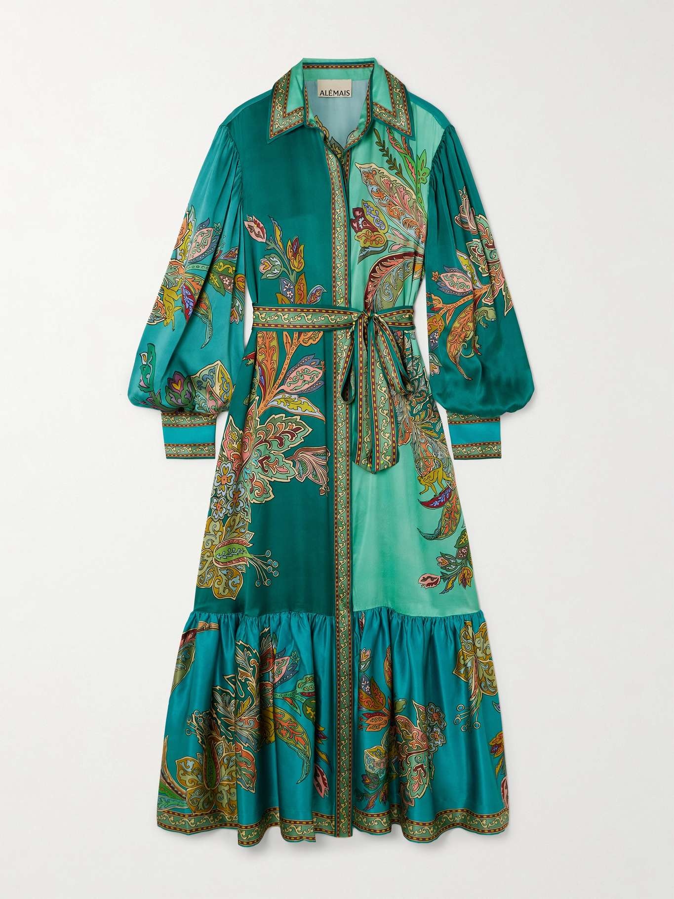 Franca belted tiered printed silk-satin maxi shirt dress - 1