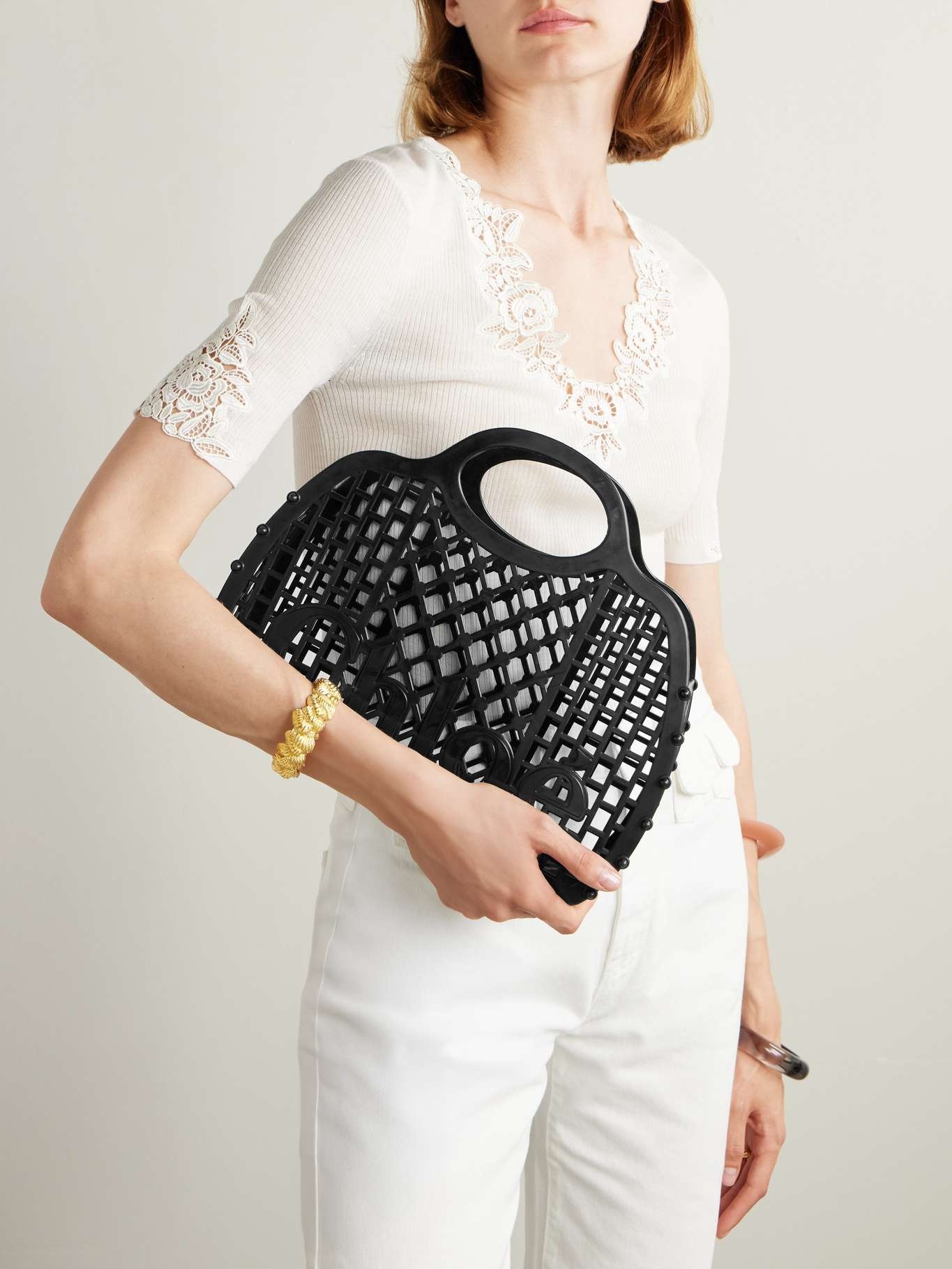 Cage leather-trimmed studded rubber shoulder bag Black - 2