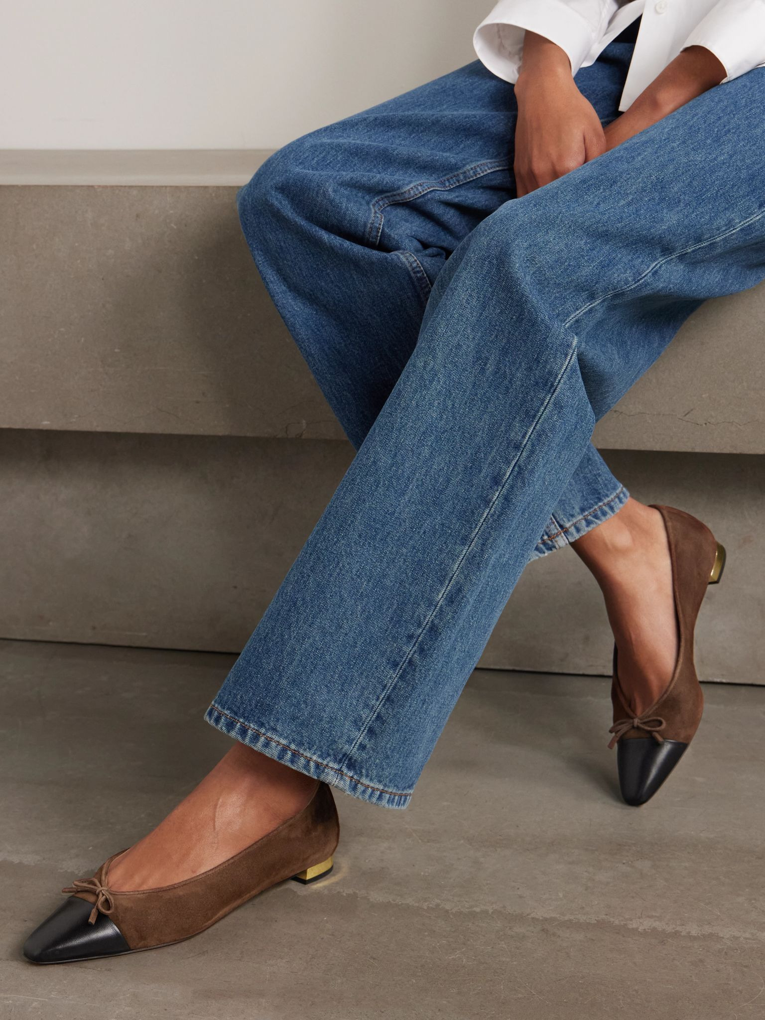 Gioia bow-detailed leather-trimmed suede ballet flats Chocolate - 2