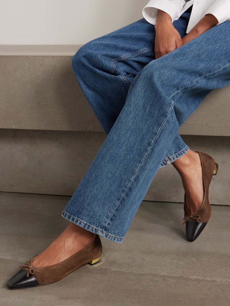 AQUAZZURA Gioia bow-detailed leather-trimmed suede ballet flats Chocolate outlook