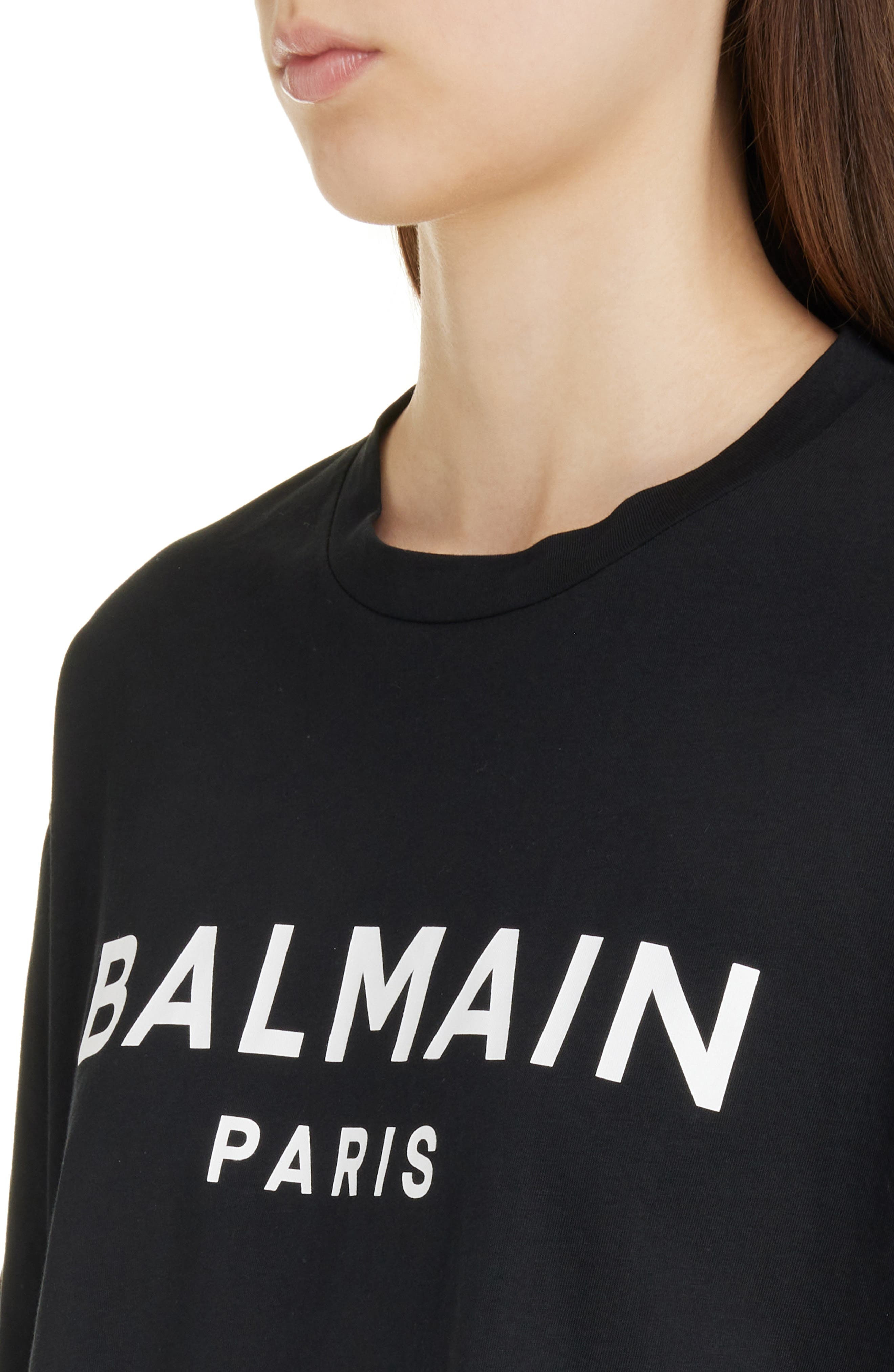Balmain Logo Crop Cotton Graphic T-Shirt in Eab Black/White at Nordstrom - 5