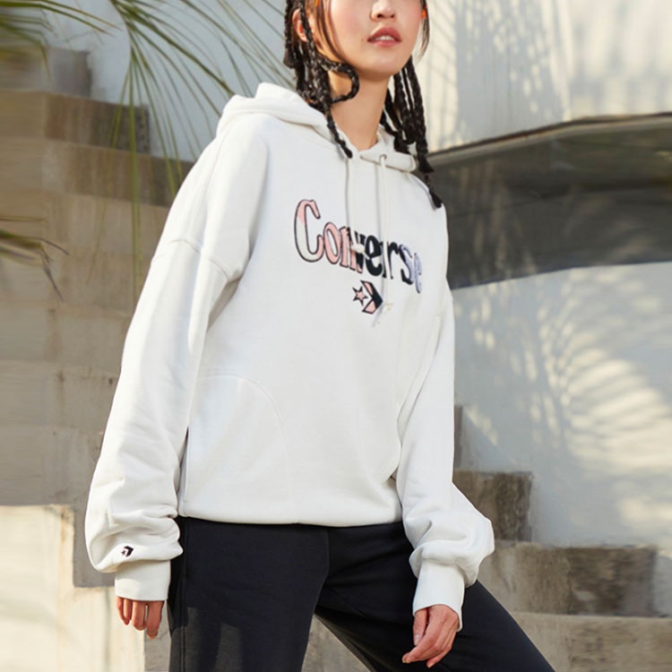 (WMNS) Converse Logo Embroidered Loose Fleece Hoodie White 10022349-A01 - 4