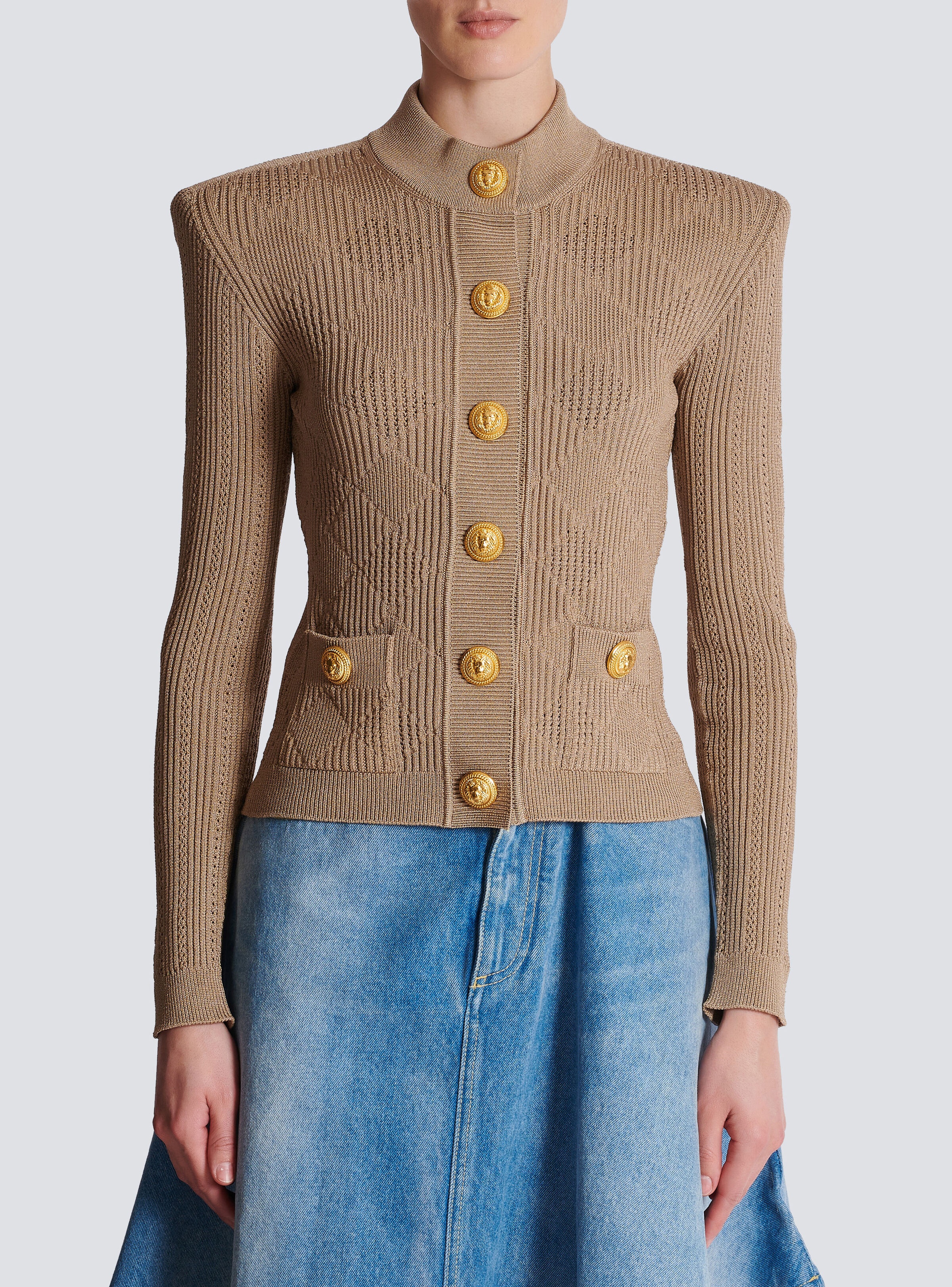 Gingham openwork knit cardigan - 5