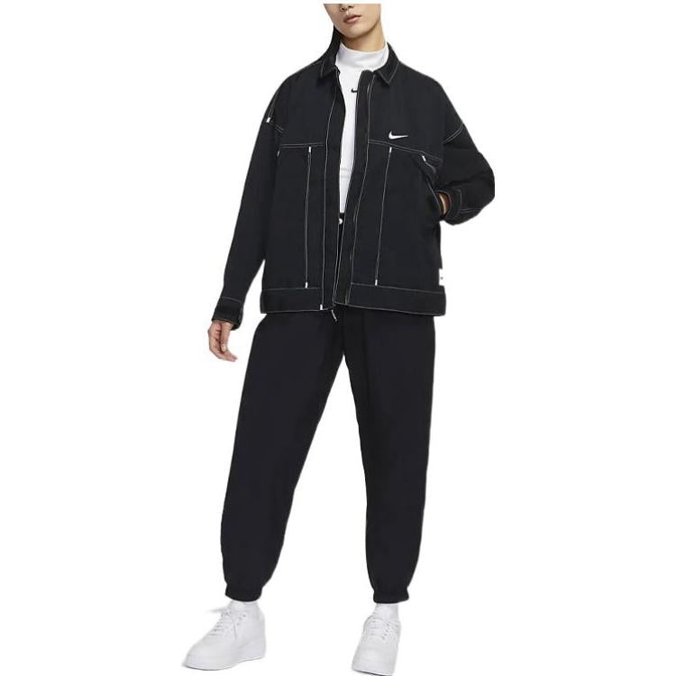 (WMNS) Nike SS22 Sportswear Swoosh Back Logo Printing Woven Jacket Autumn Black DM6204-010 - 3