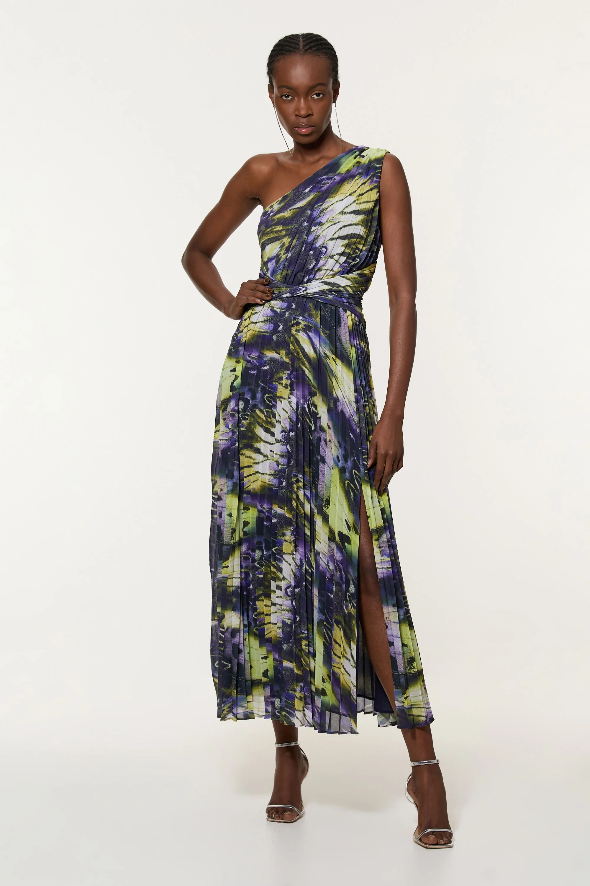 Crinkle Feather Print Woven One Shoulder Maxi Dress - 1