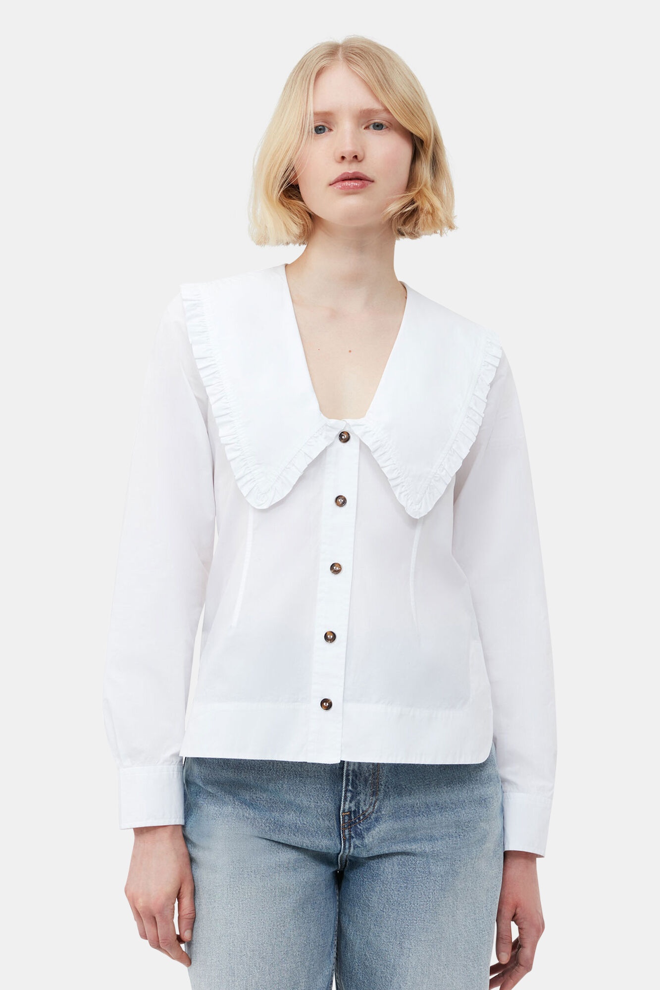 COTTON POPLIN V-NECK FRILL COLLAR SHIRT - 2