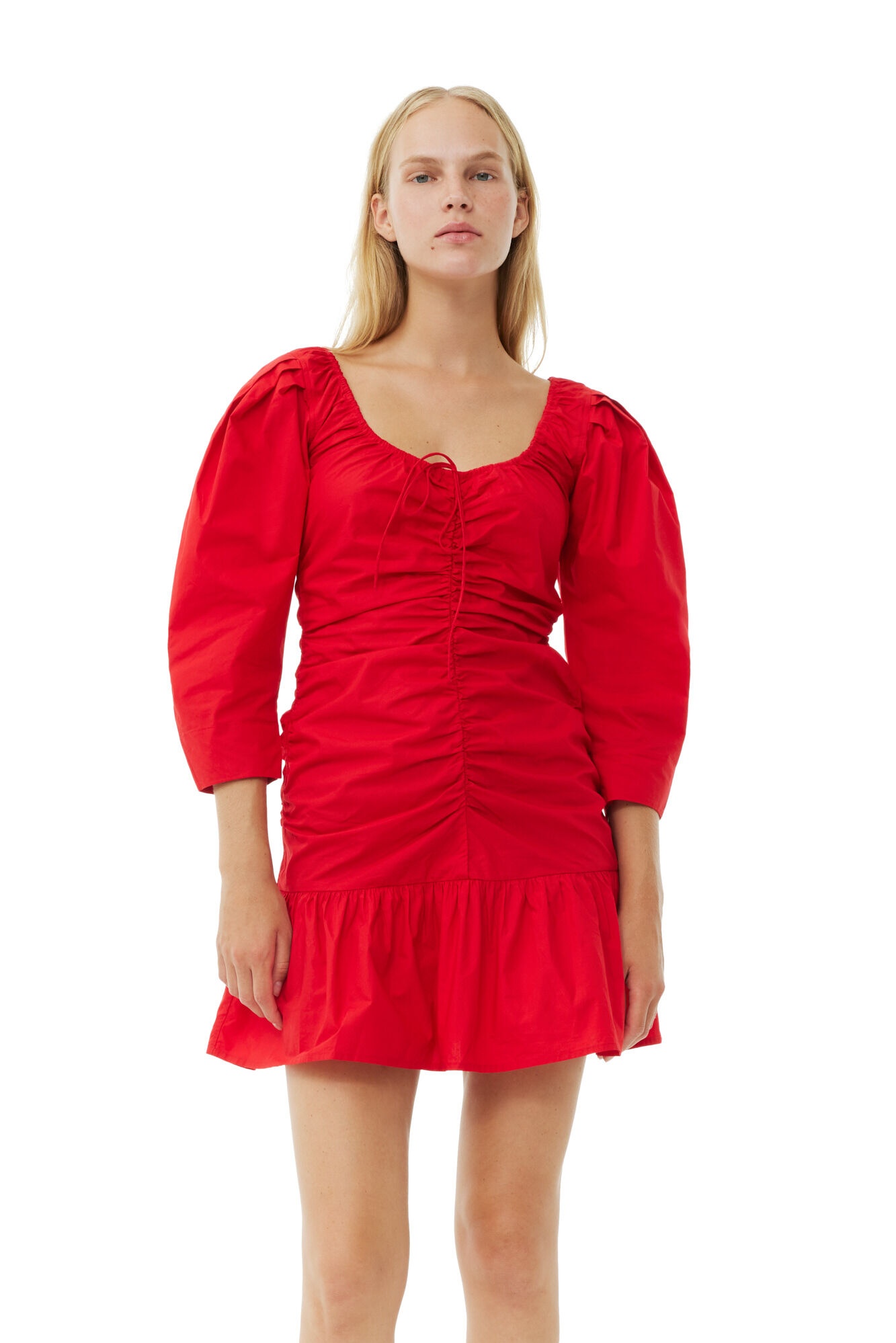 RED COTTON POPLIN GATHERED U-NECK MINI DRESS - 3