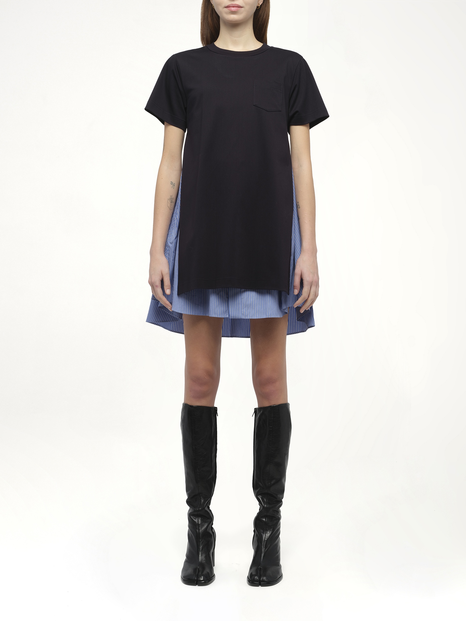 Poplin x Cotton Jersey Dress in Navy/Blue Stripe - 7