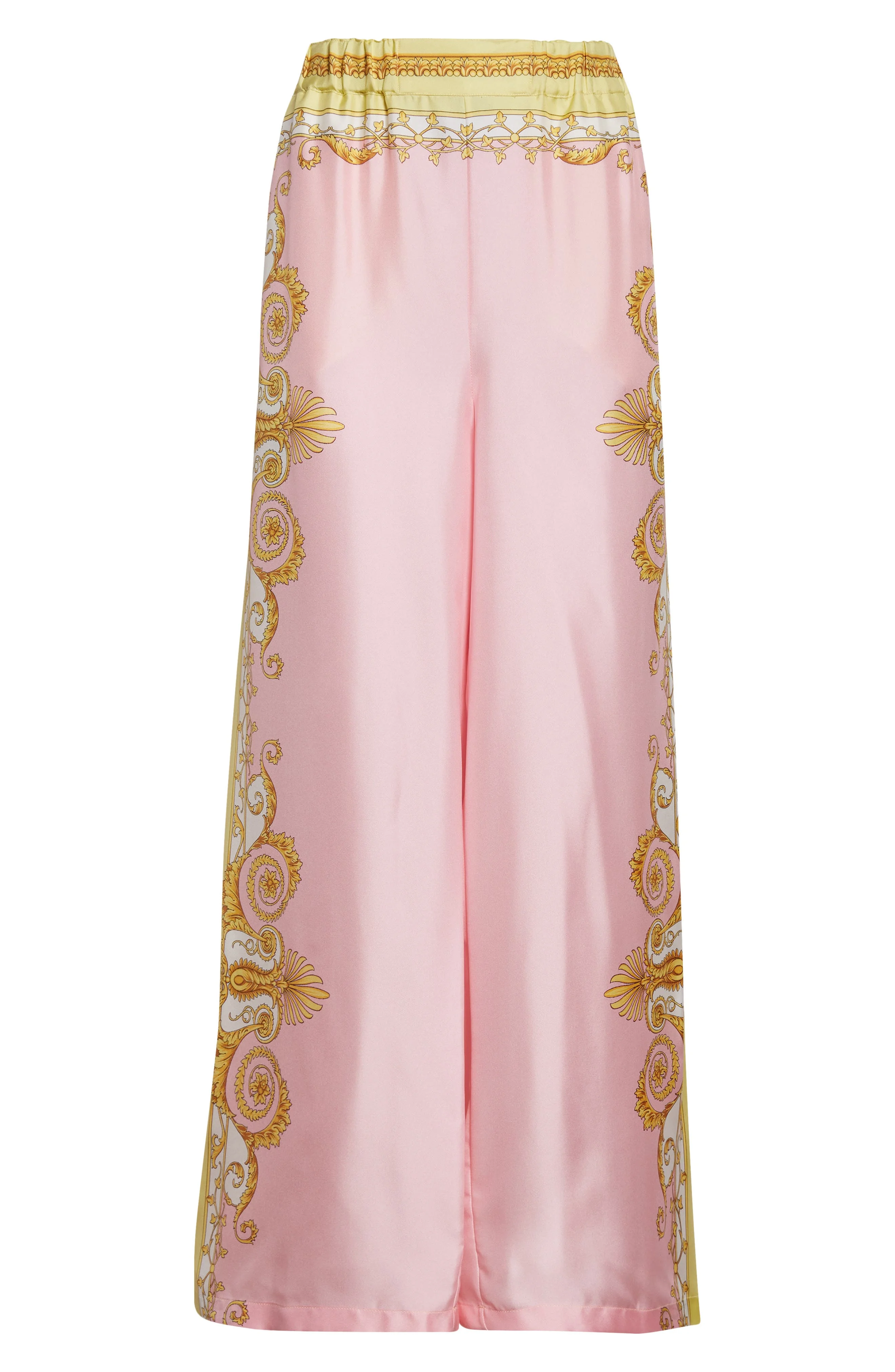 Versace Barocco Print Wide Leg Silk Twill Pants in Pale Yellow Rose Quartz at Nordstrom - 1