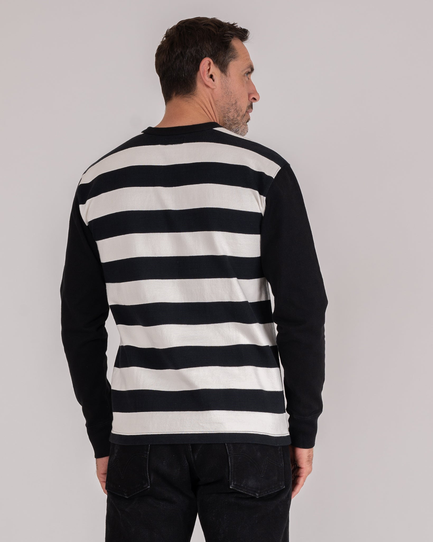 IHTB-05-WHT 11oz Cotton Knit Long-Sleeved Sweater - Striped Body with Black Arms - 3