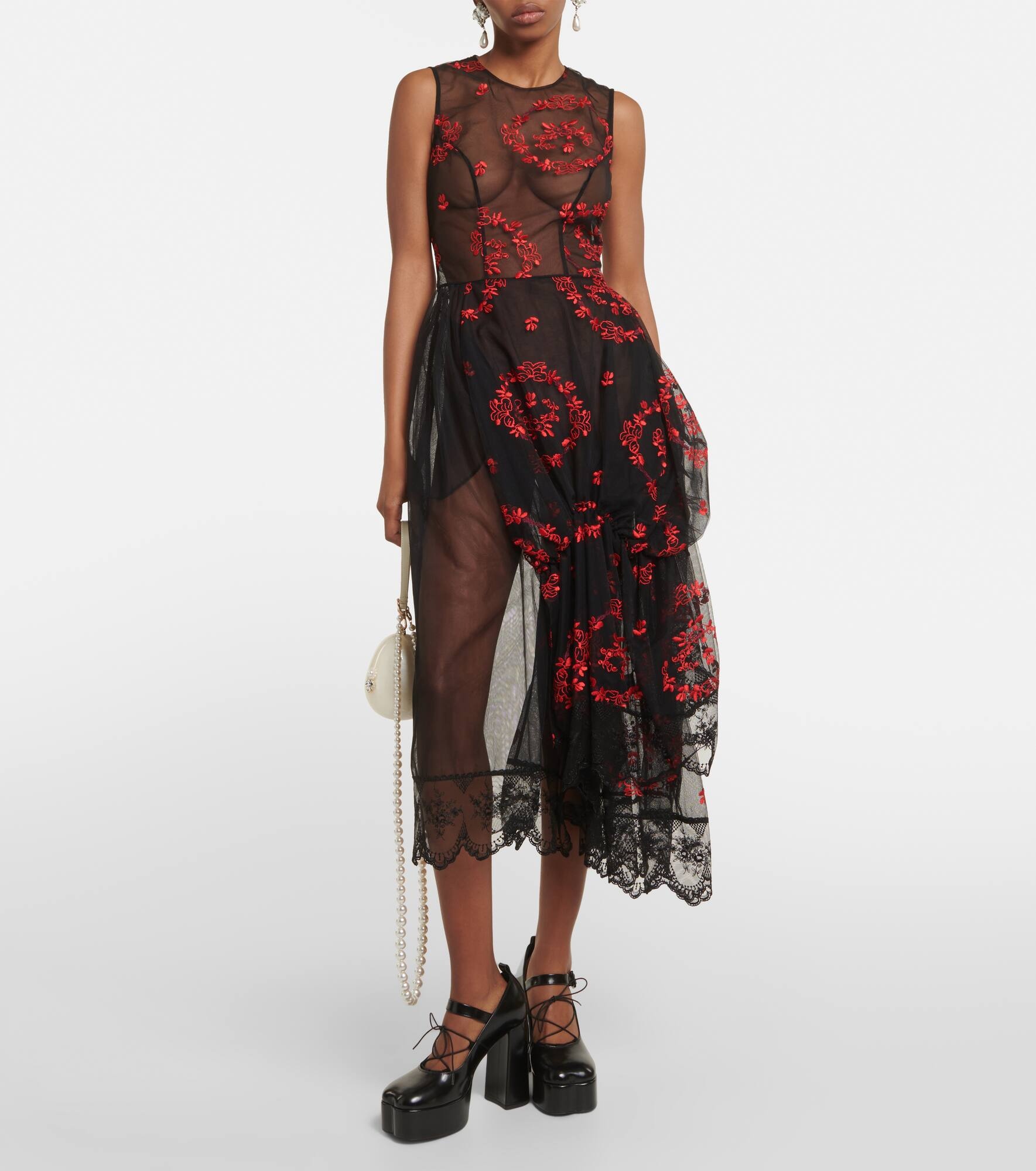 Floral embroidered tulle midi dress - 7