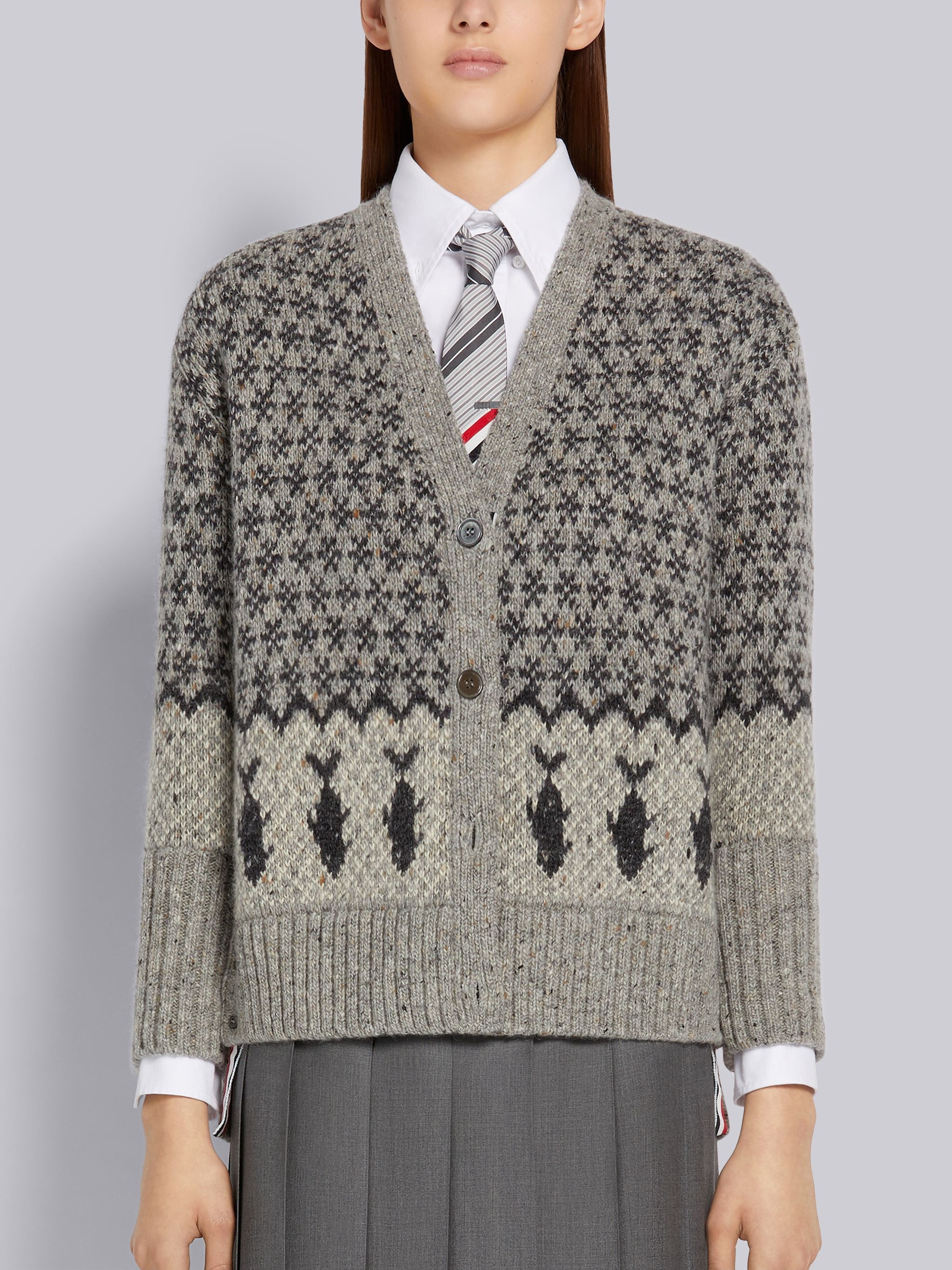 Fun-mix Grey Mohair Tweed Bear Fair Isle Jacquard Oversized V-Neck Cardigan - 1