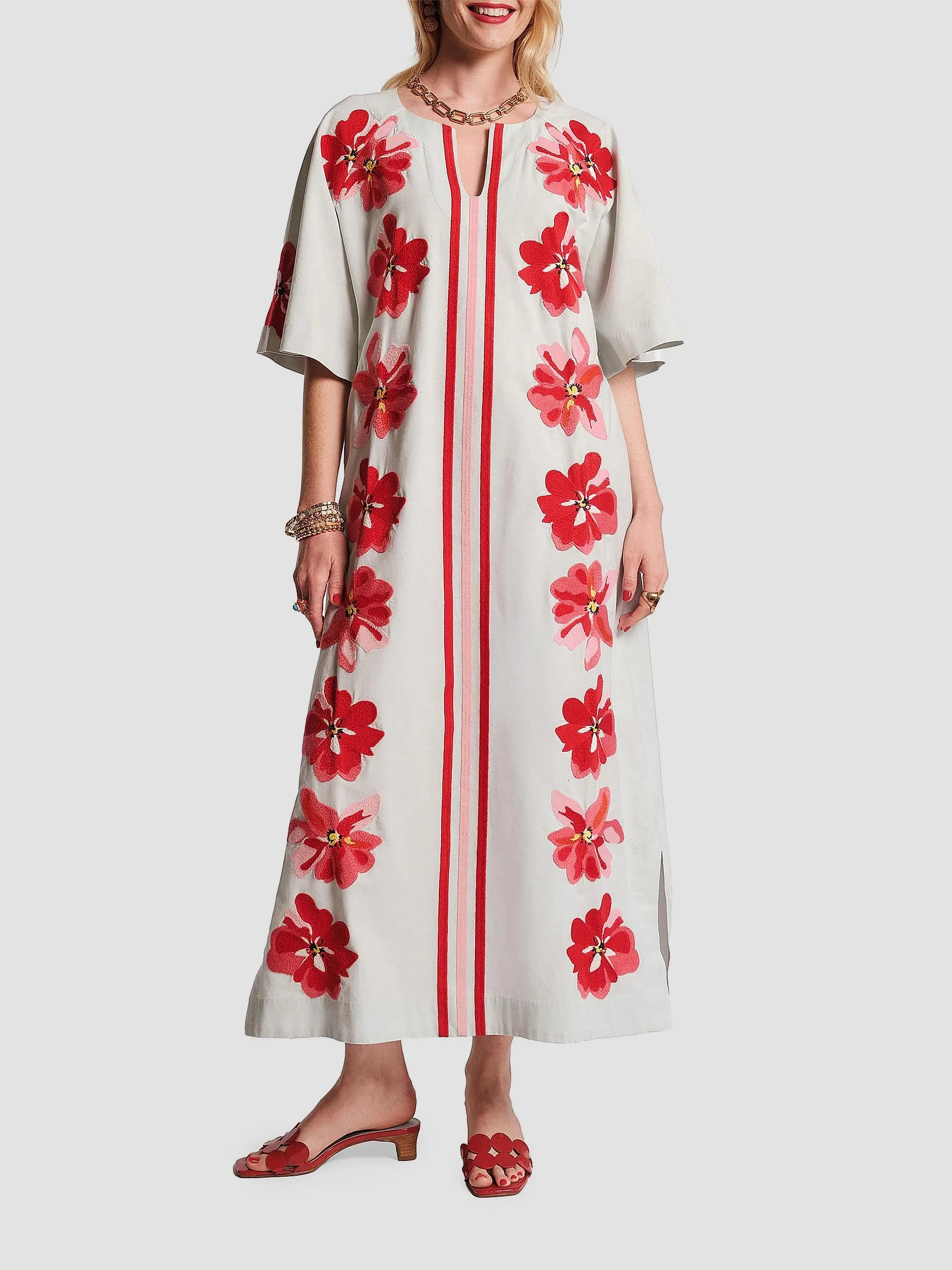 Women's Charming Embroidered Striped Caftan-Style Maxi Dress - Light Blue Red - 1
