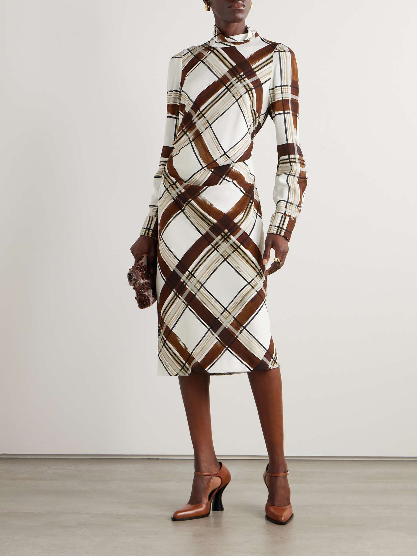 Belted checked crepe turtleneck midi dress - 2