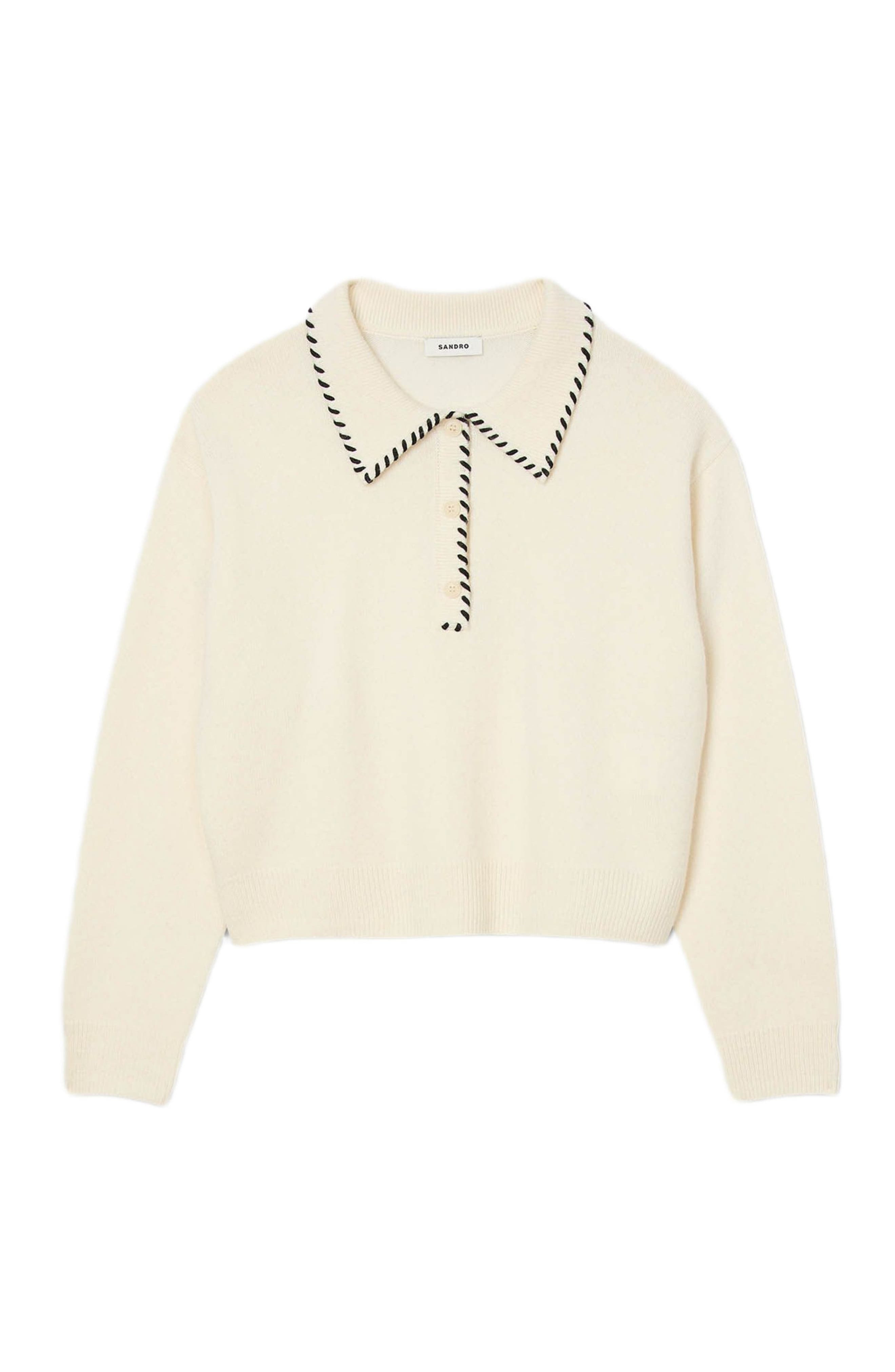 SANDRO Contrast polo-neck knit sweater in Ecru /Black at Nordstrom - 5