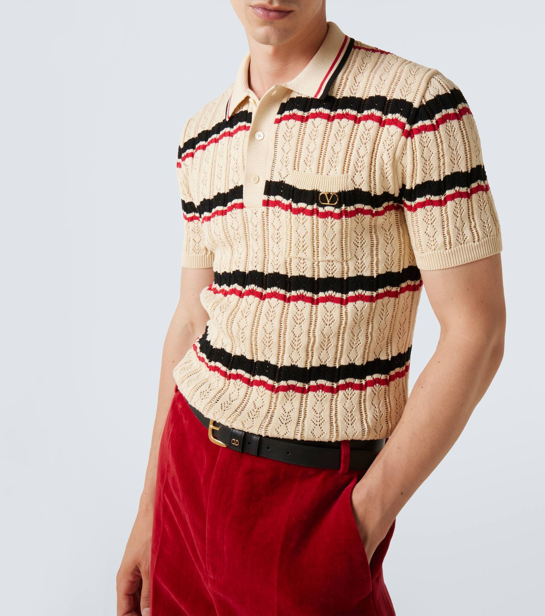 VLogo pointelle striped cotton polo shirt - 5