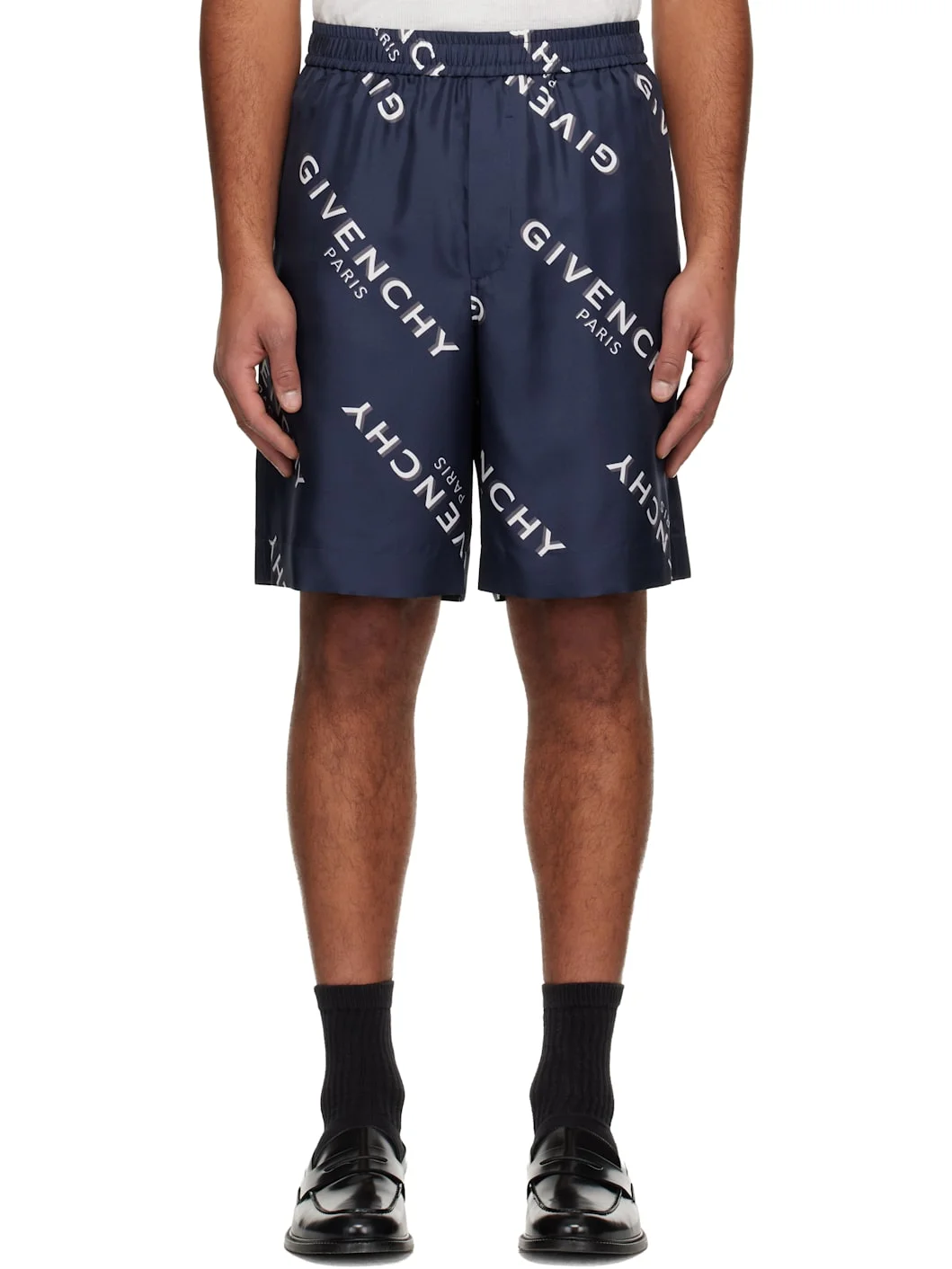 Navy Silk Twill Bermuda Shorts - 1