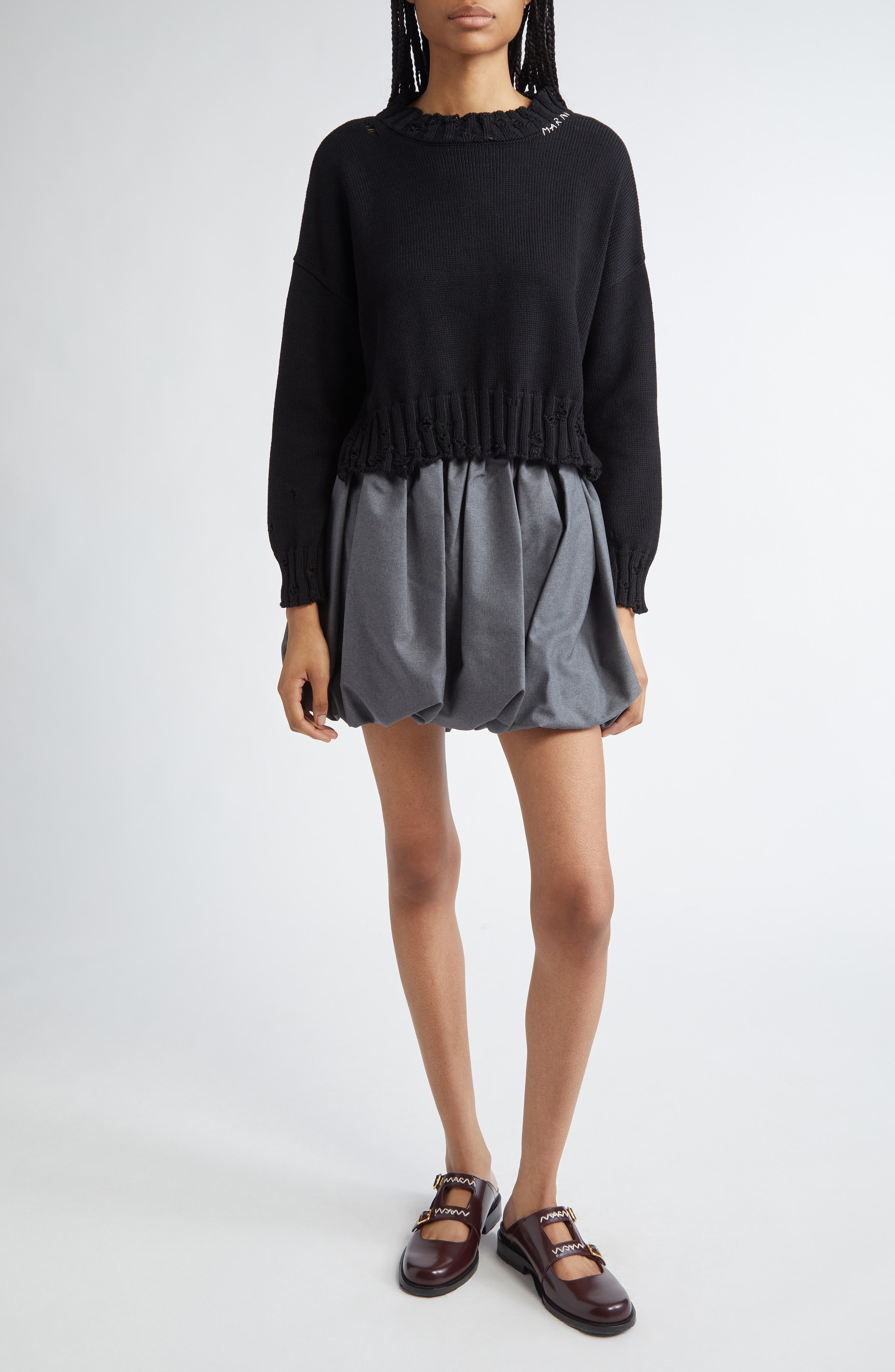 Marni Distressed Embroidered Logo Cotton Sweater in Black at Nordstrom - 2