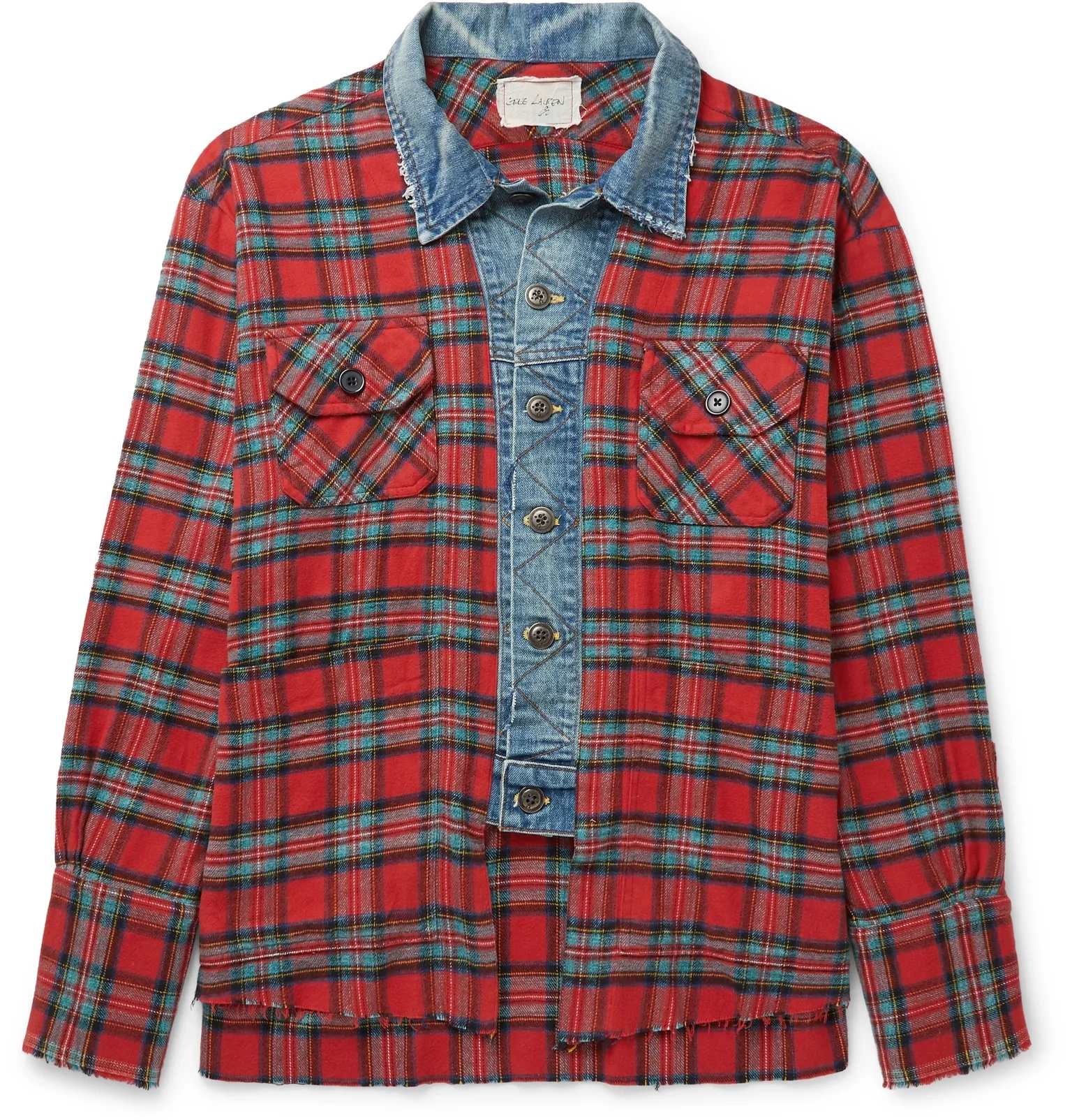 Frayed Denim-Trimmed Checked Cotton-Flannel Shirt - 1