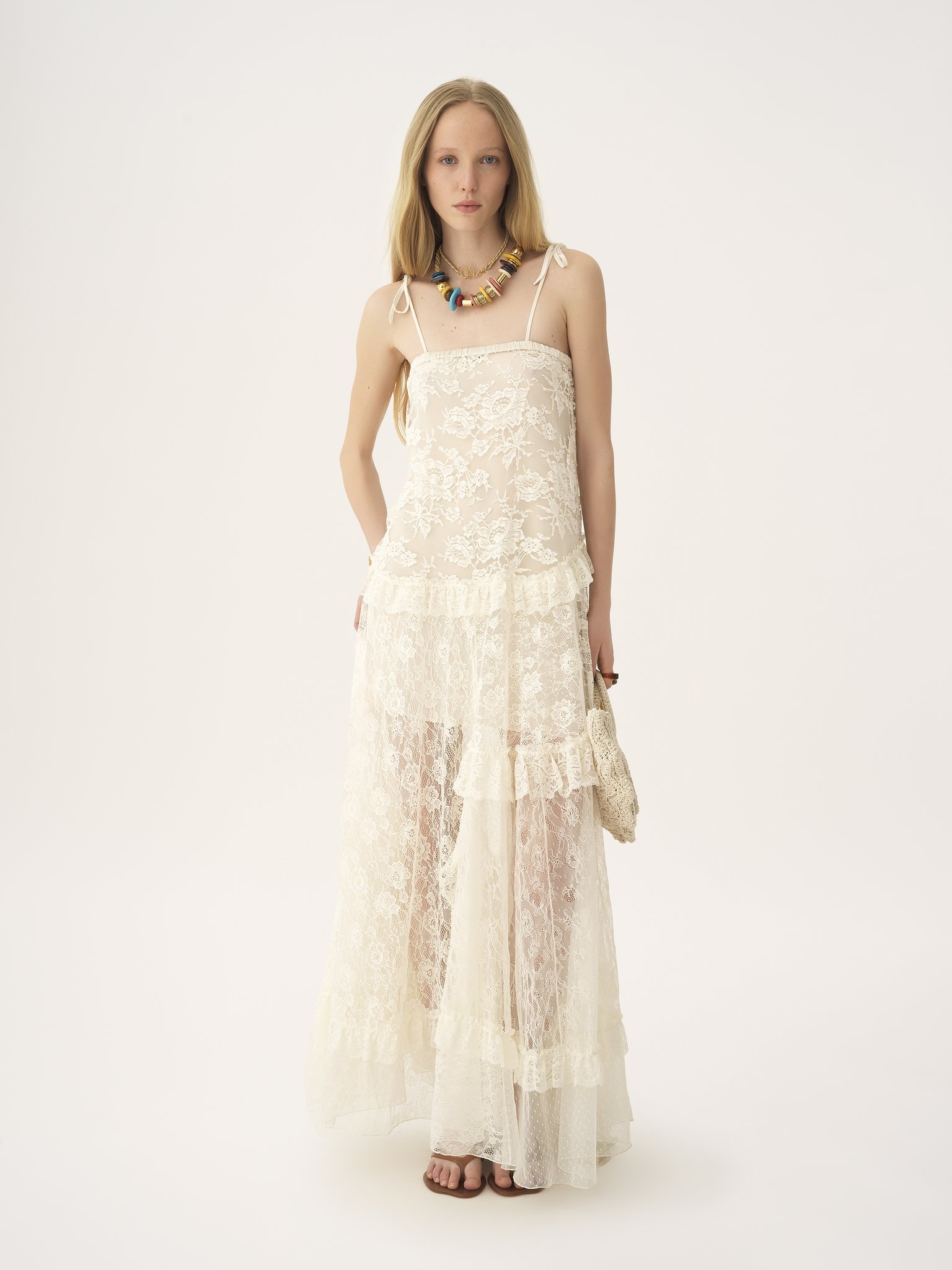 THIN-STRAP LONG DRESS IN EMBROIDERED LACE - 3
