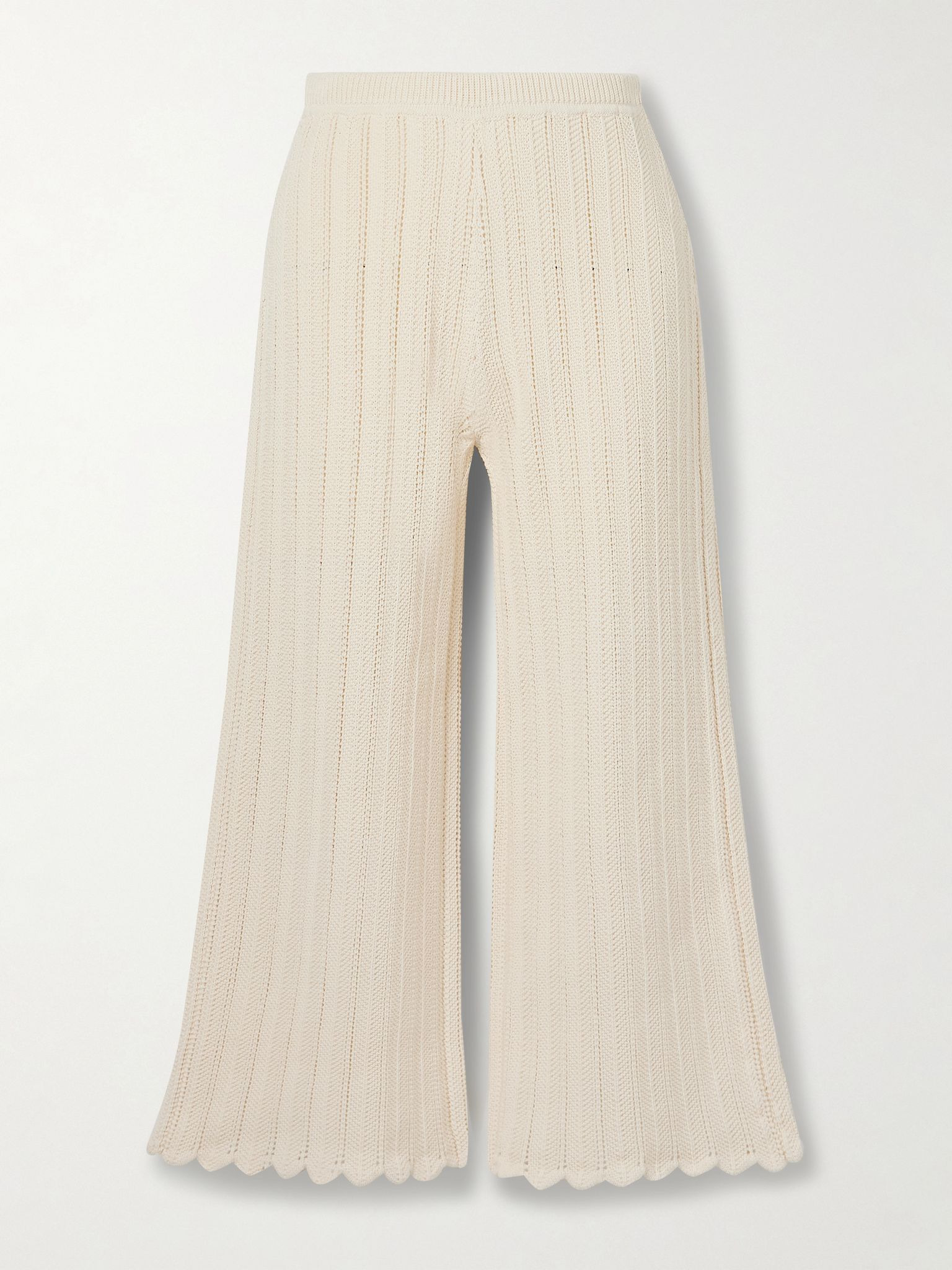Petey cropped ribbed open-knit organic cotton flared pants Ivory - 1