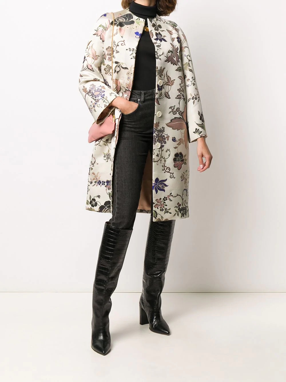 floral-jacquard longline coat - 2