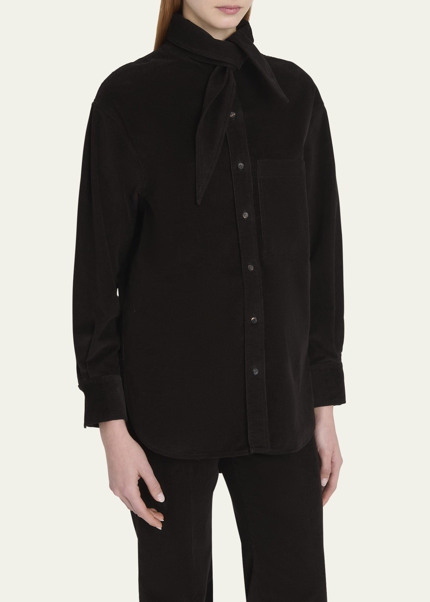 Tie-Neck Corduroy Button Down Shirt - 4