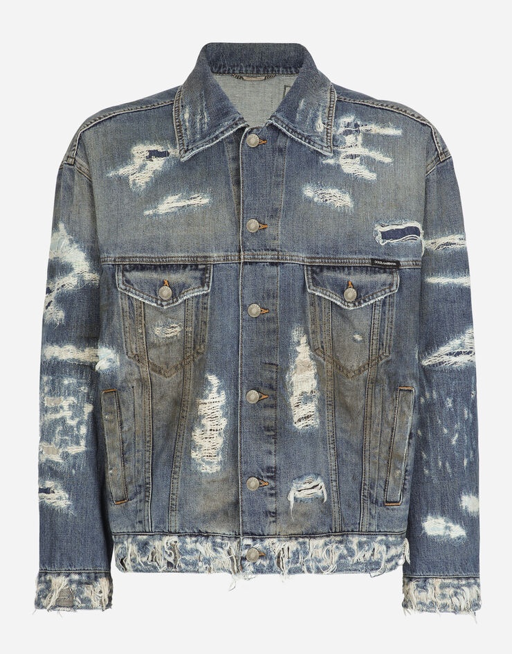 Blue wash denim jacket with rips - 1