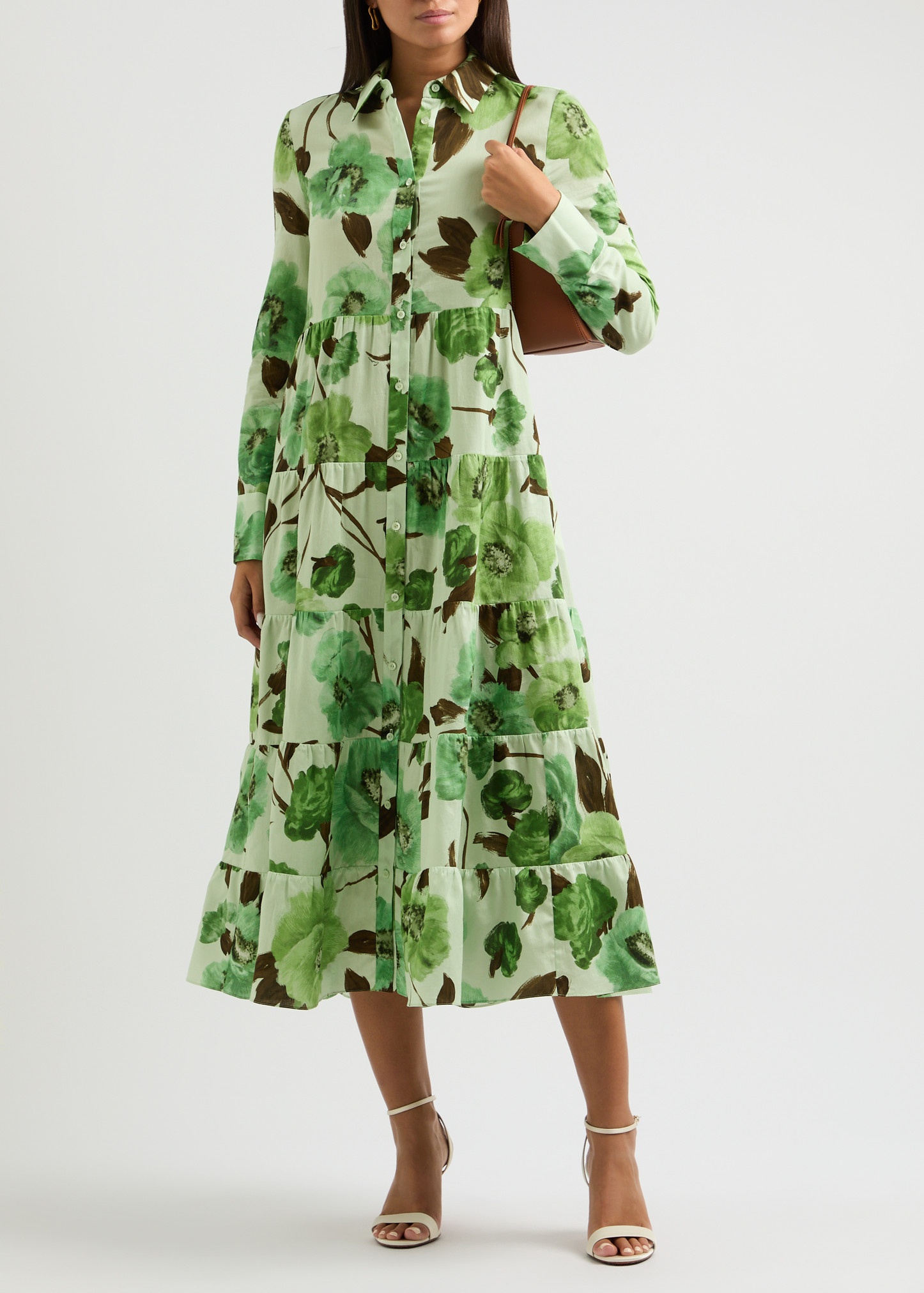 Floral-print cotton midi shirt dress - 4