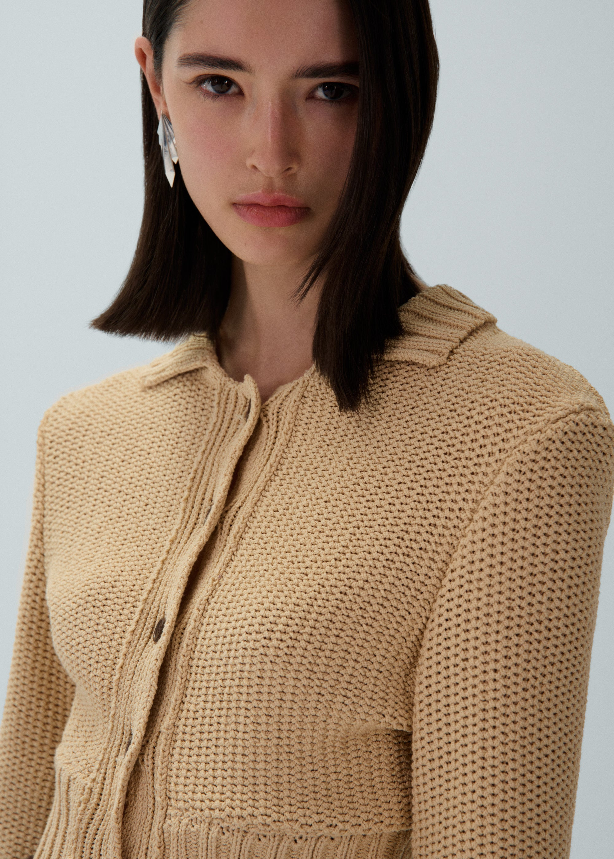 Collared cotton cardigan in beige - 5