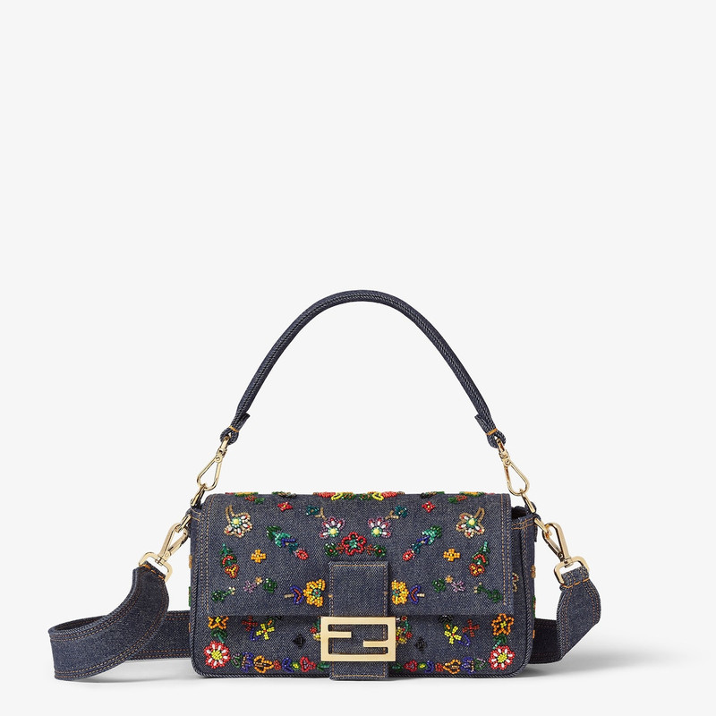 Baguette® Dark blue denim bag with floral embroidery 1