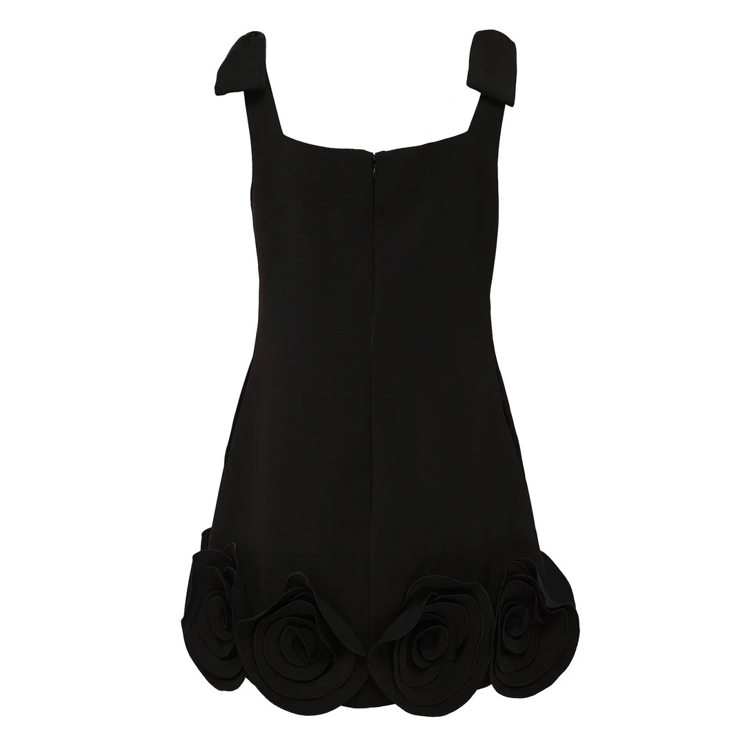 Black Crepe 3D Flower Mini Dress - 2