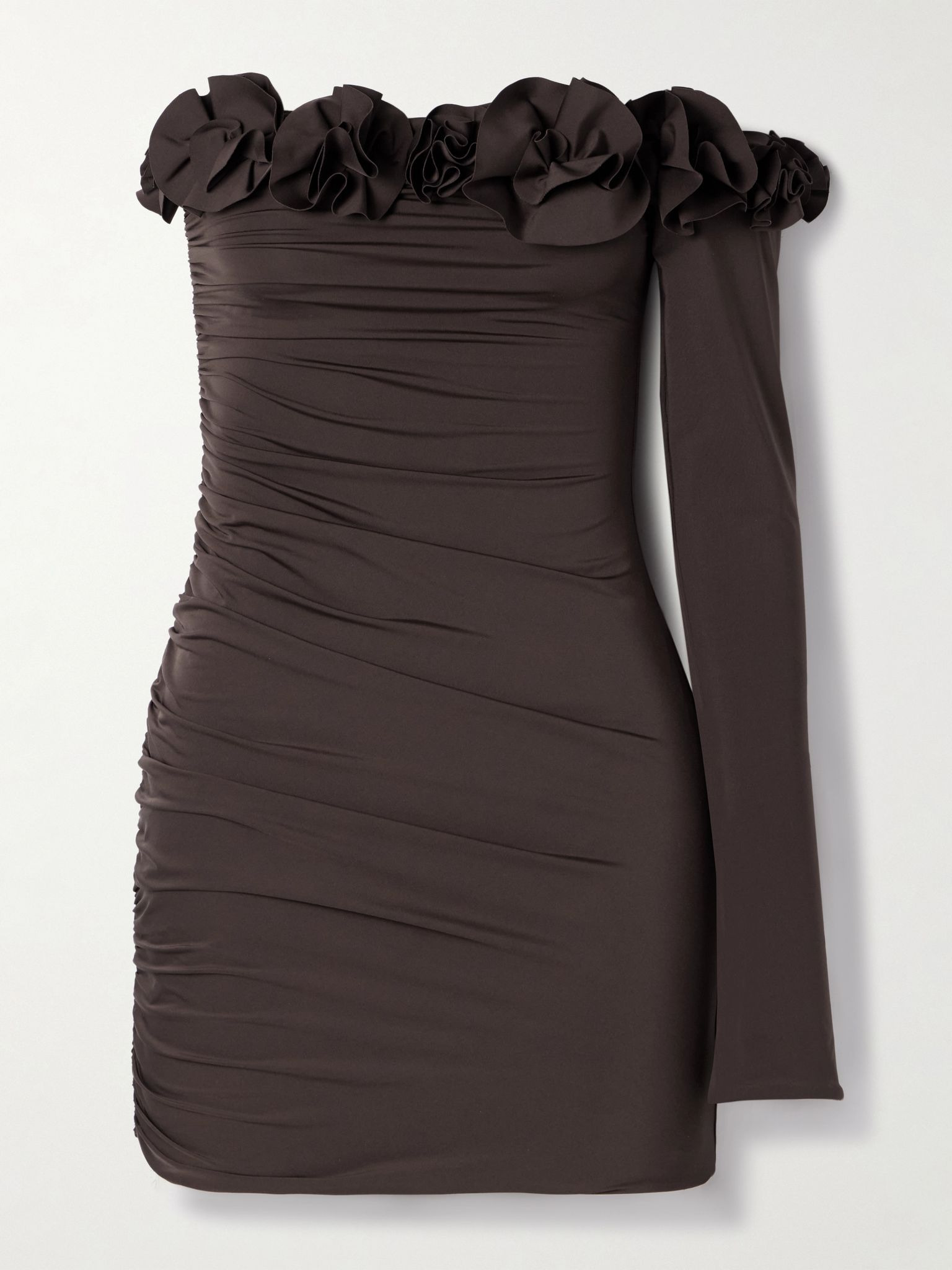 Selvaggio one-sleeve appliquéd ruched stretch-jersey mini dress Chocolate - 1
