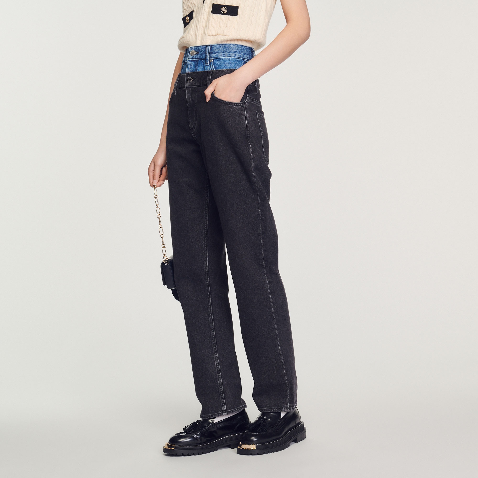 Two-tone double-waisted jeans Black / Gray