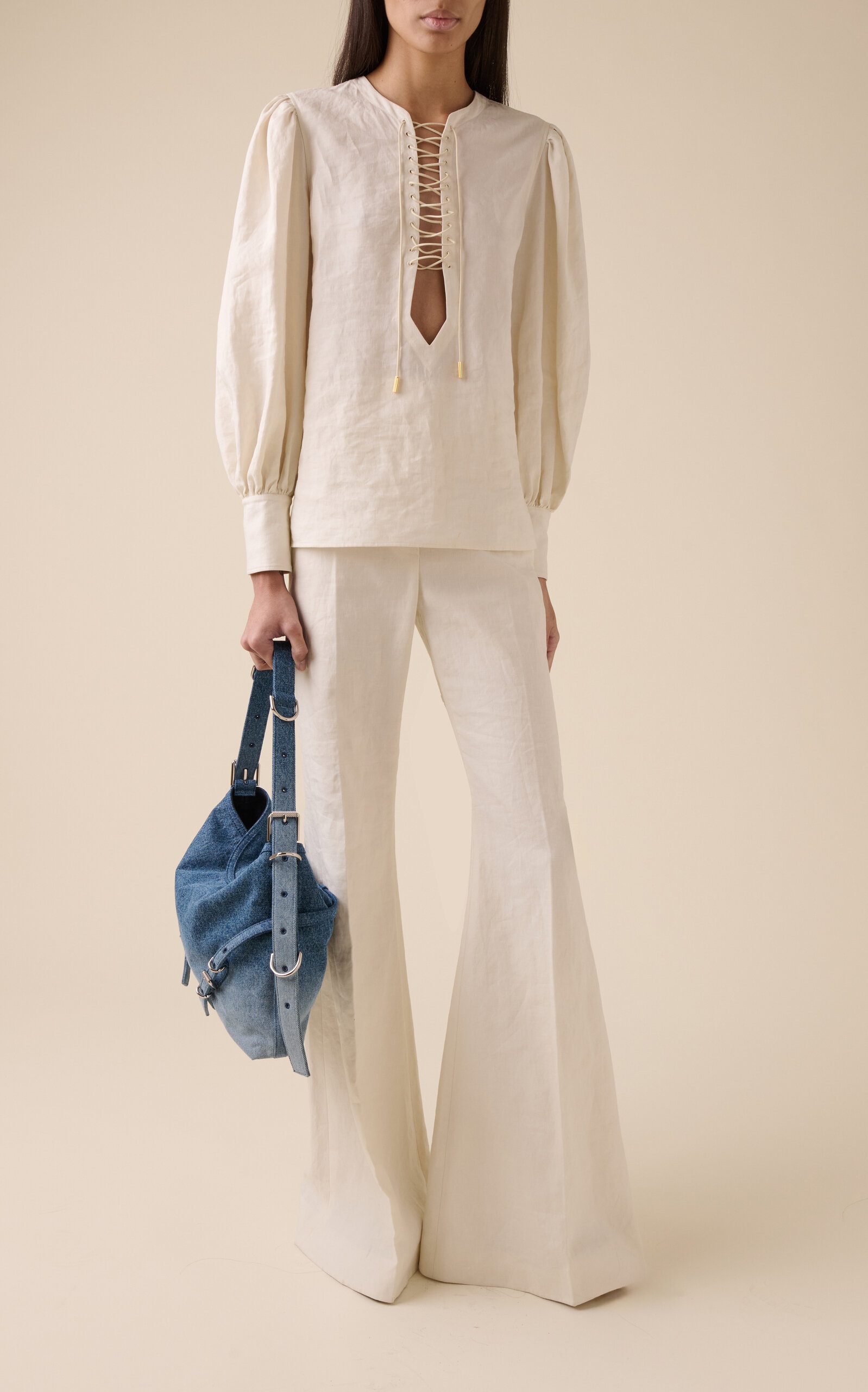 Balloon-Sleeve Lace-Up Linen Shirt neutral - 3