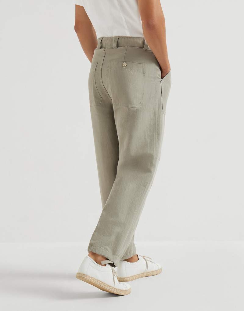 Linen and cotton drill trousers with patch pockets and drawstring 3