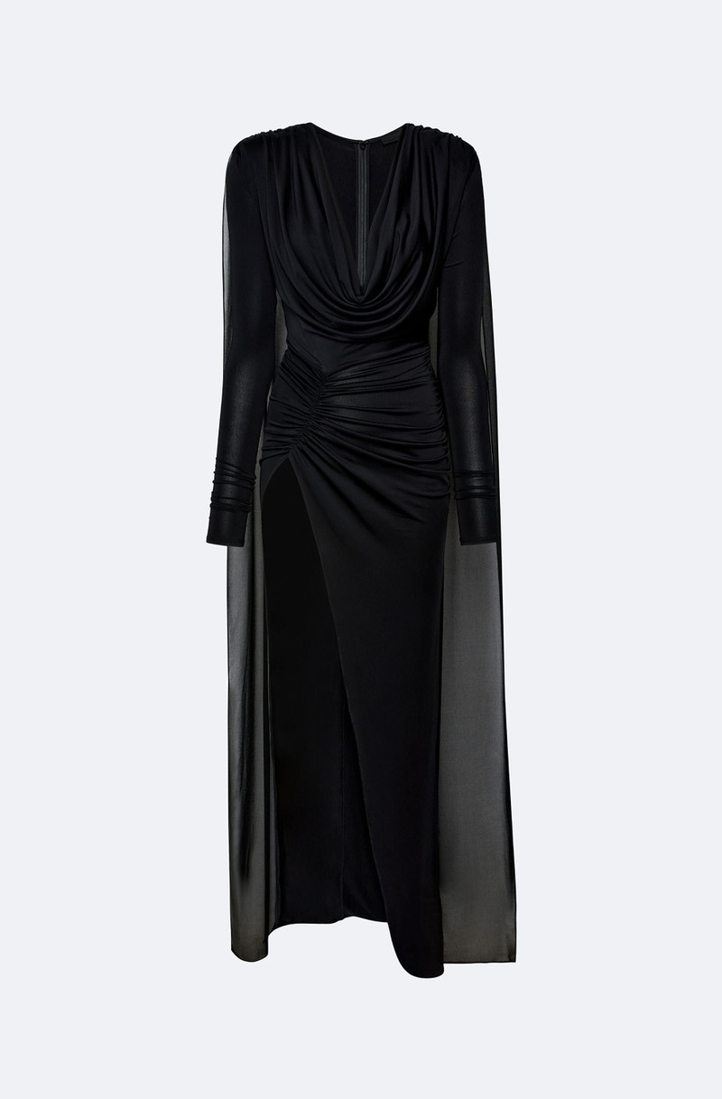 Jersey Cowl Neck Slit Gown With Georgette Cape - 1