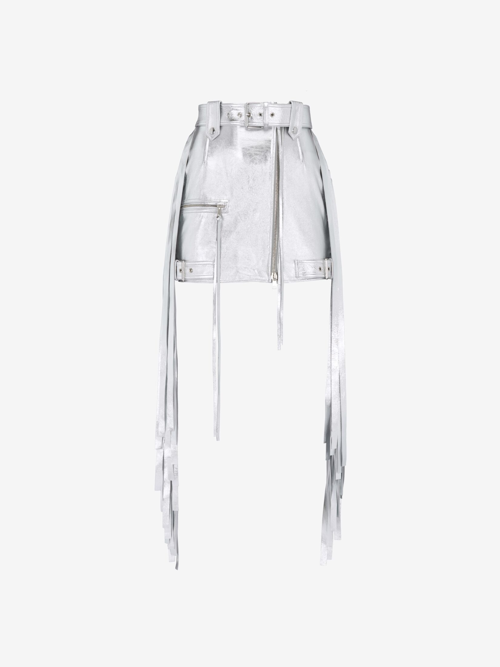 Women's Fringed Biker Mini Skirt in Silver - 1