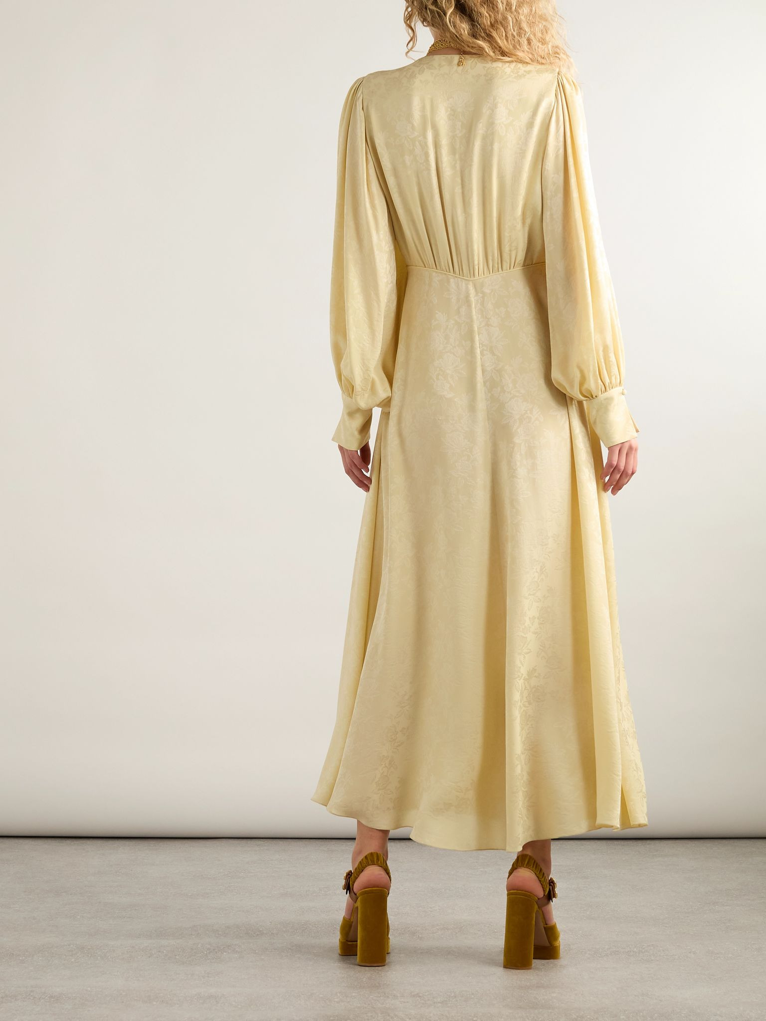 Floral-jacquard silk-satin midi dress Pastel yellow - 3