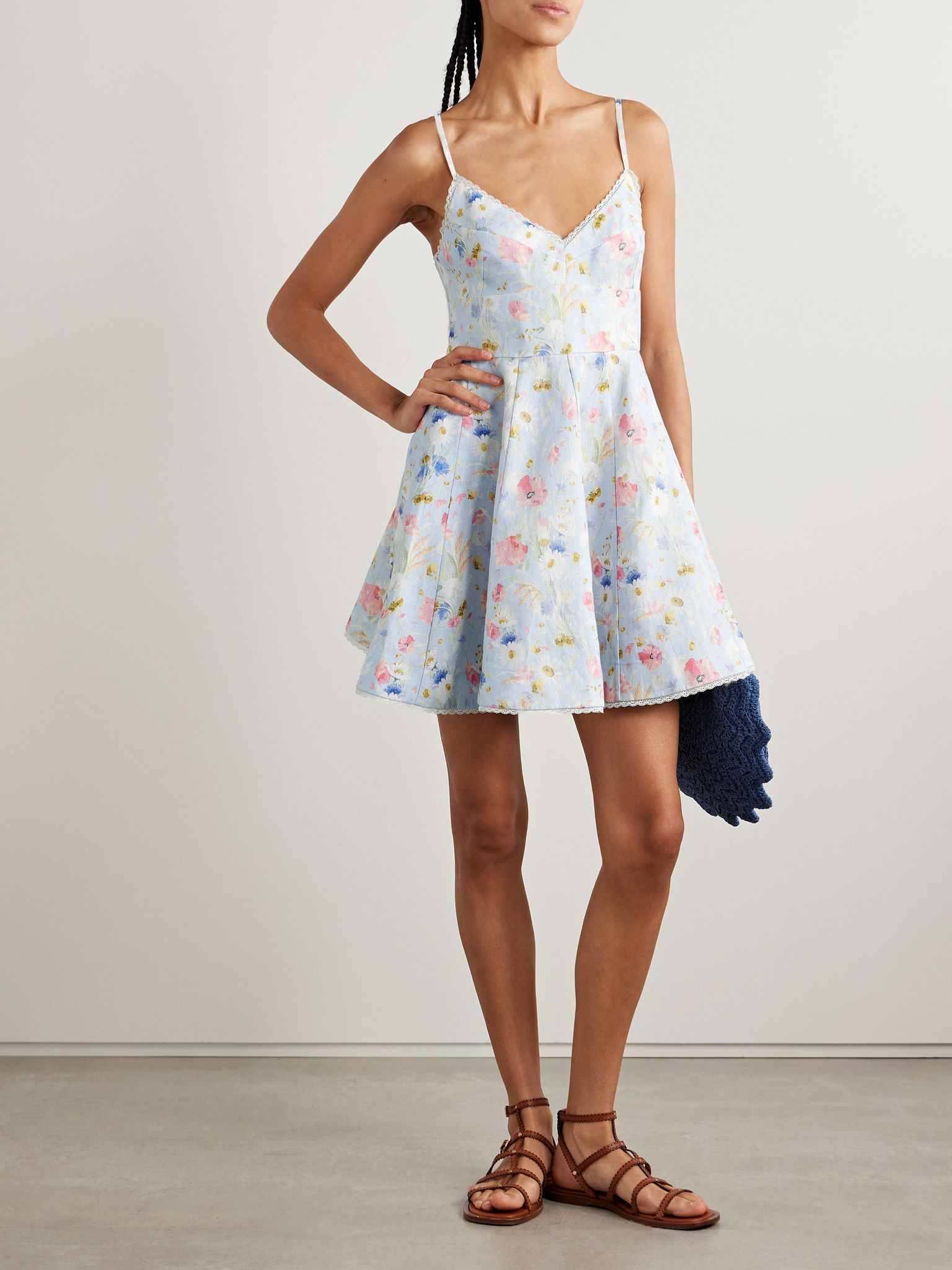 Lucky lace-trimmed floral-print linen mini dress Light blue - 2