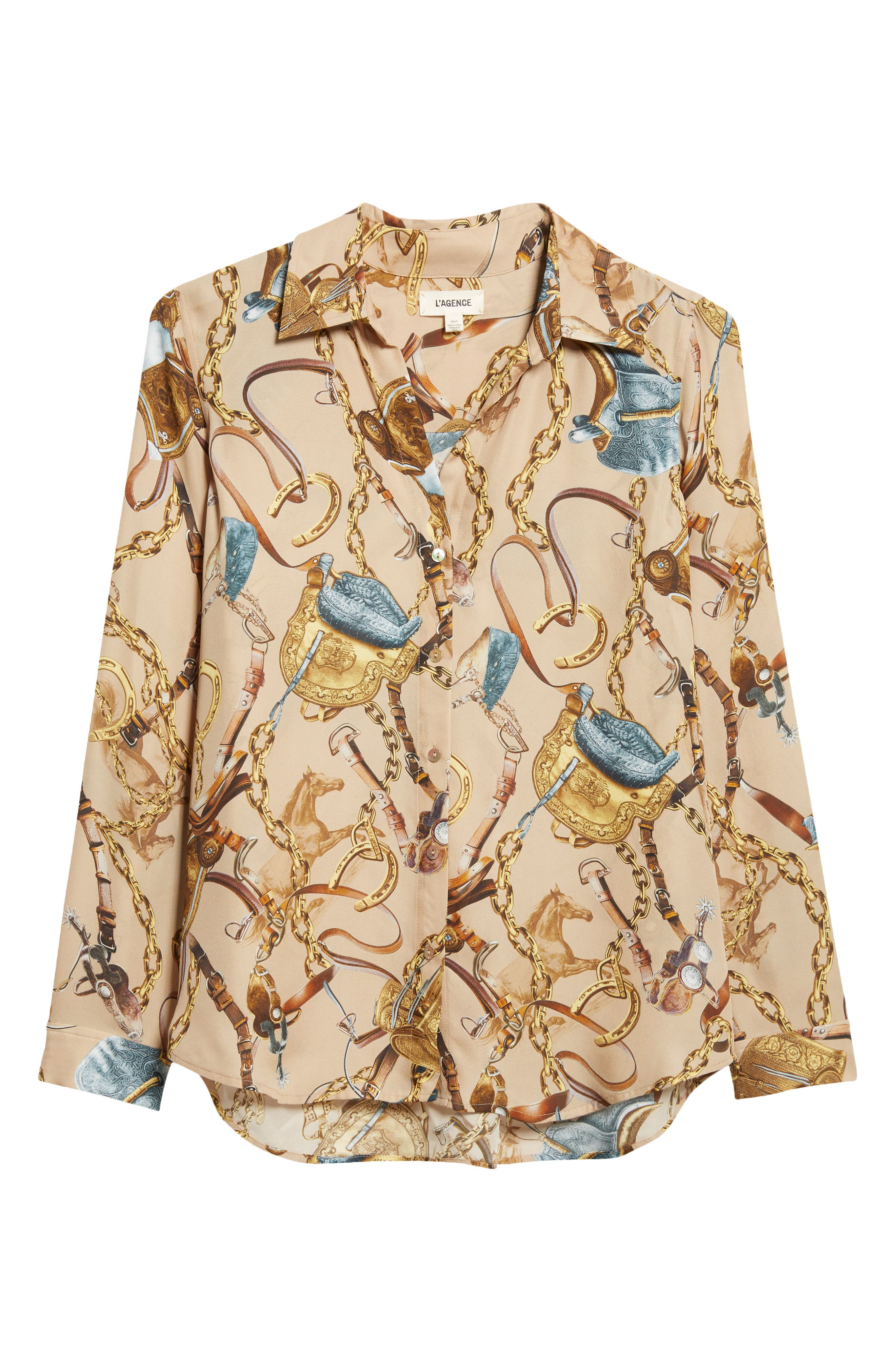 L'AGENCE Nina Chain Print Silk Button-Up Shirt in Dk Cppccno Mlt Equestrian Sdl at Nordstrom - 6