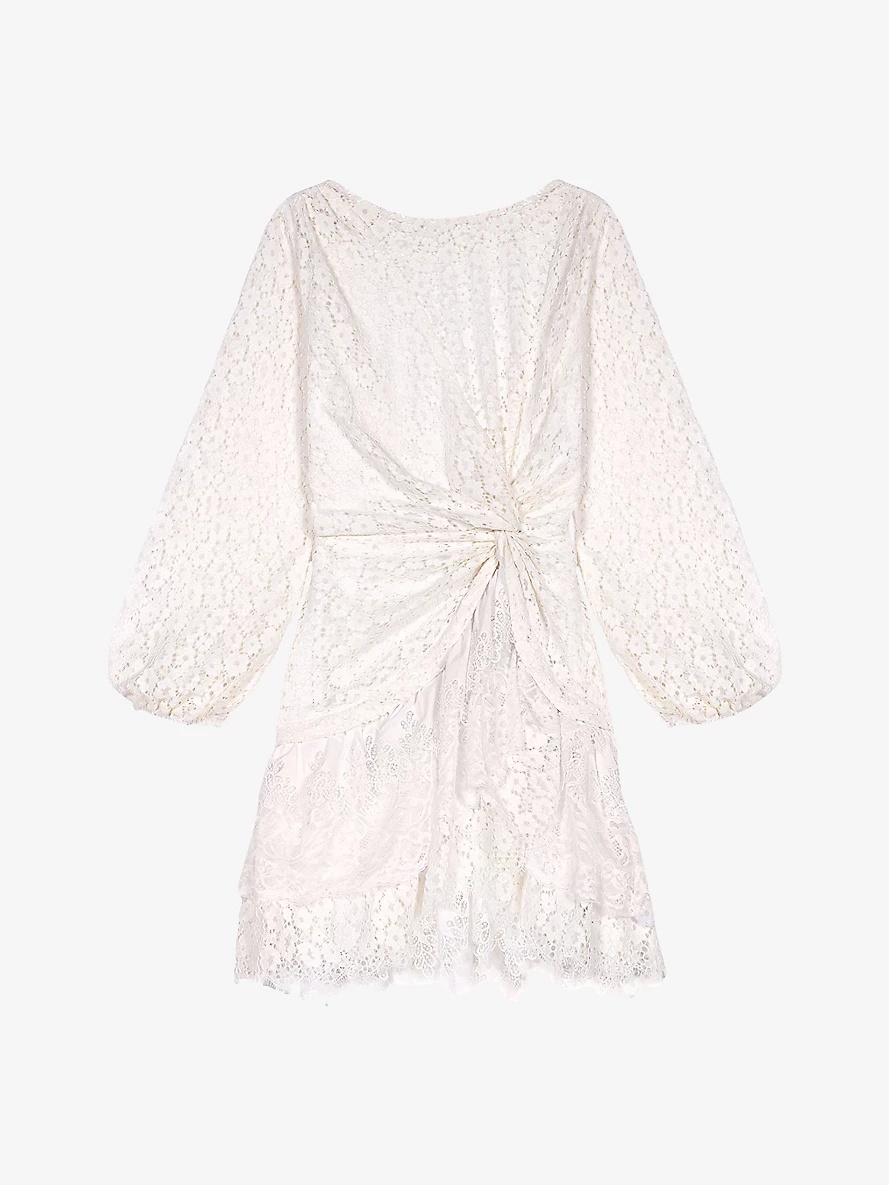 Lace-embroidered long-sleeve draped woven mini dress - 1