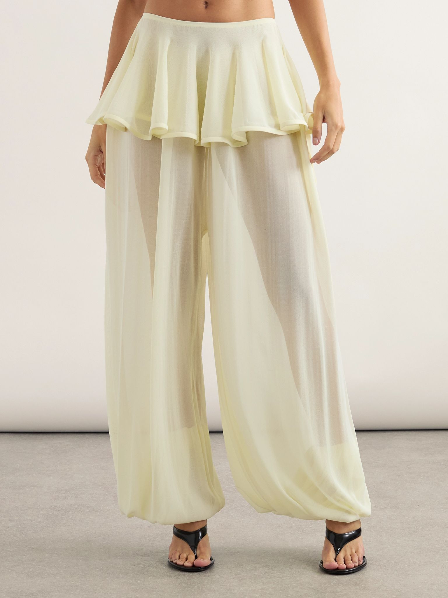 Pleated georgette peplum tapered pants Pastel yellow - 3