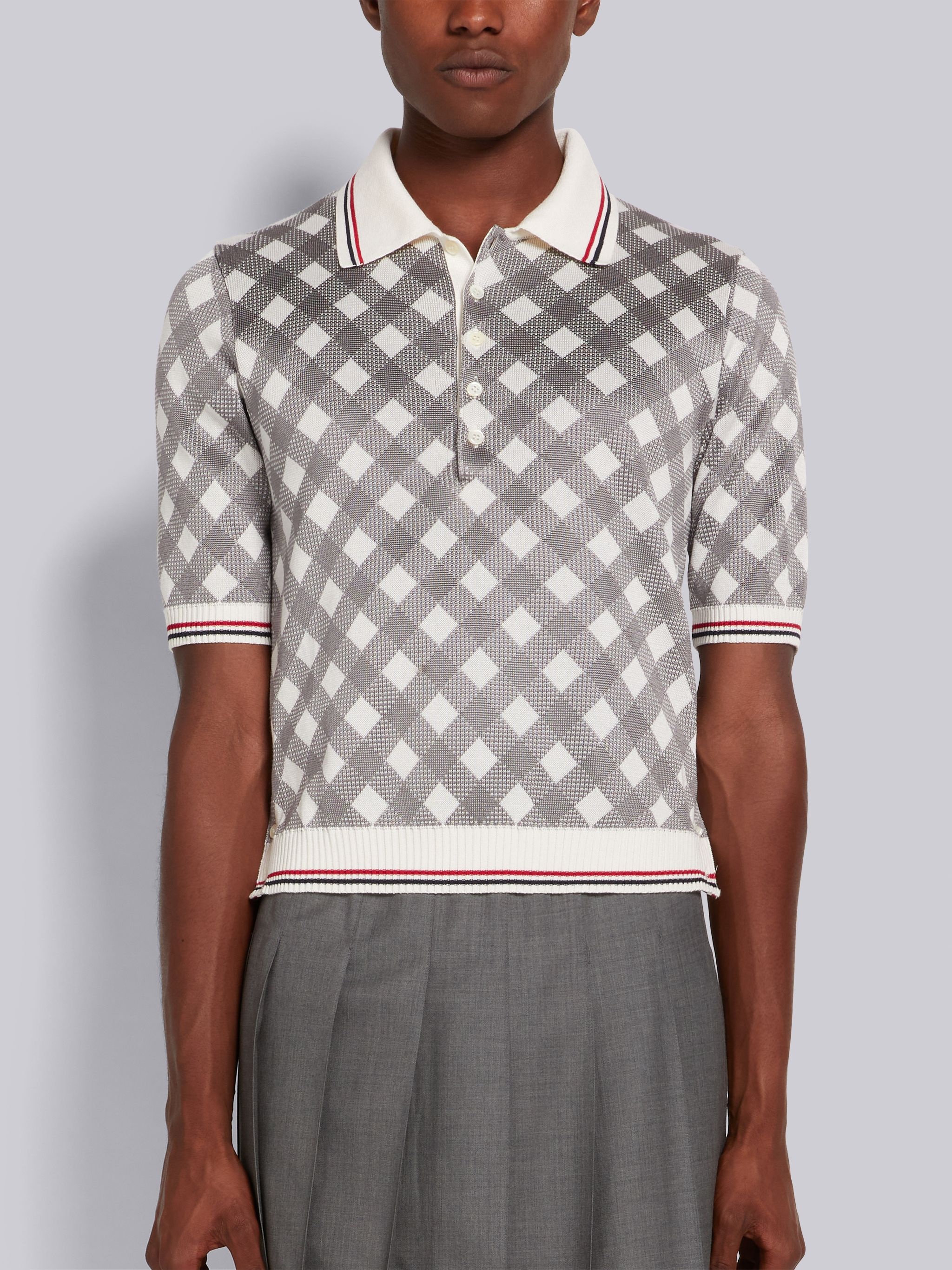 Light Grey Gingham Jacquard Cotton Silk Stripe Tipping Polo - 1