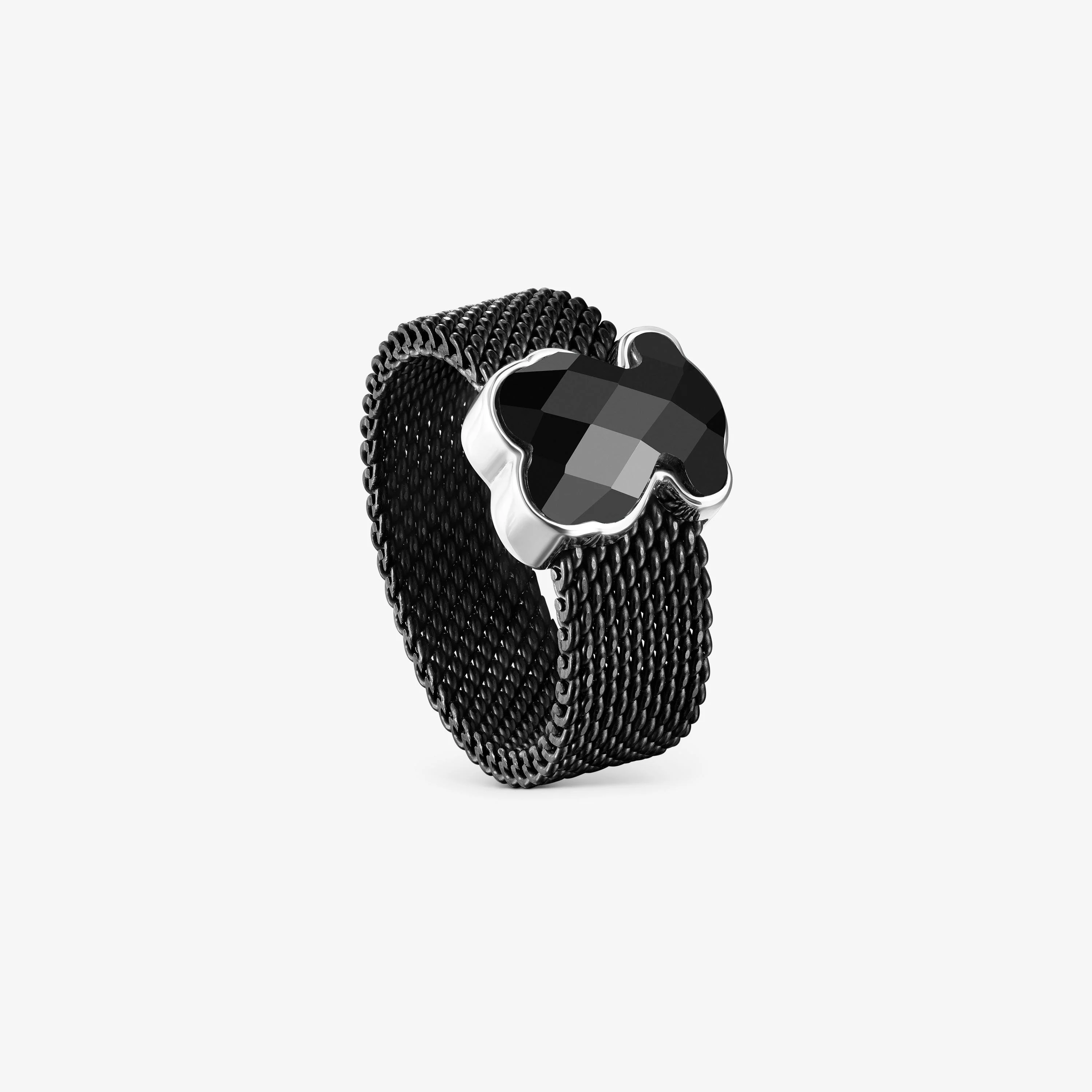 Black IP Steel Mesh Color Ring with Onyx Bear motif - 1