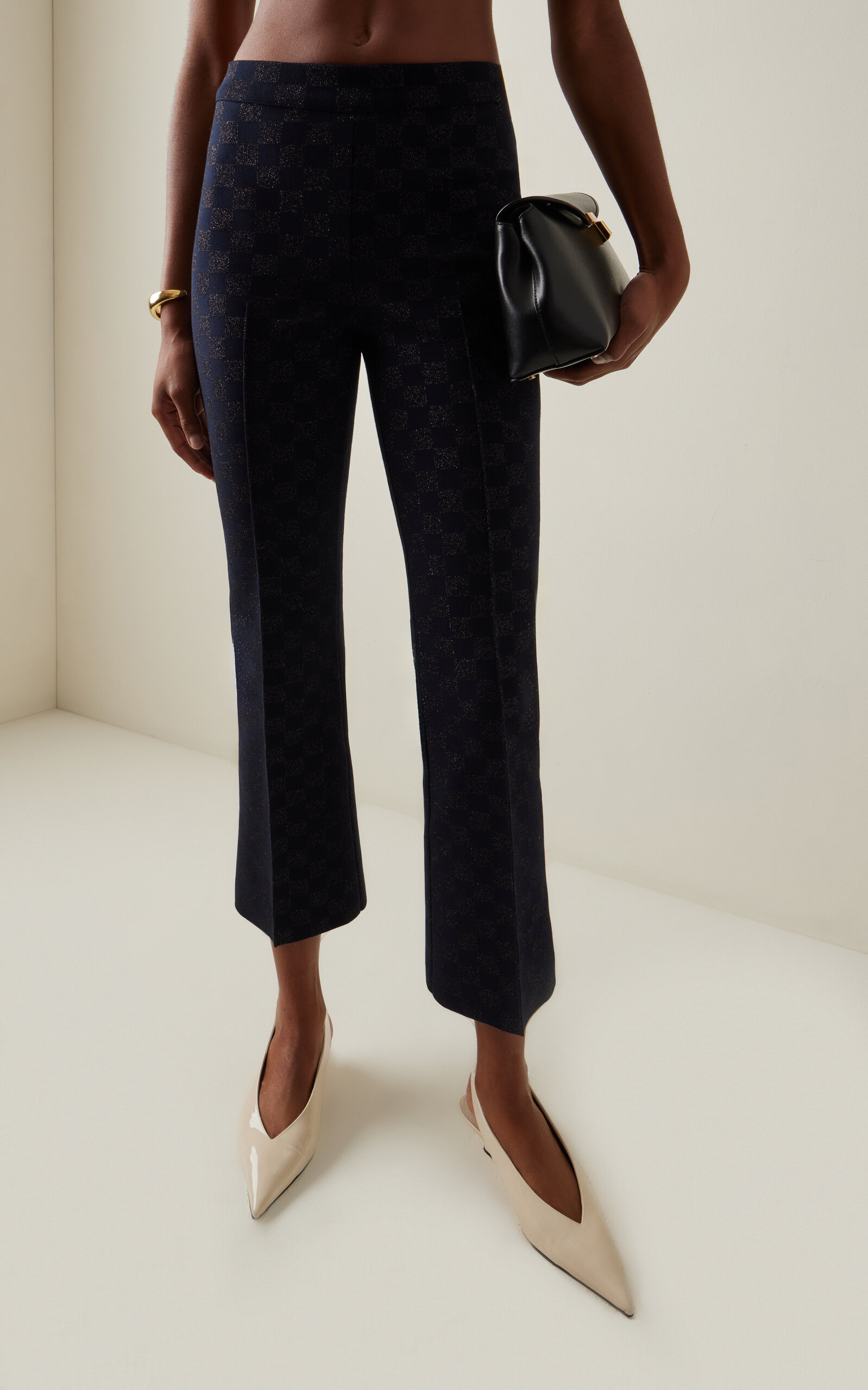 Exclusive Kick Checked Stretch-Cotton Knit Cropped Flared Pants navy - 3