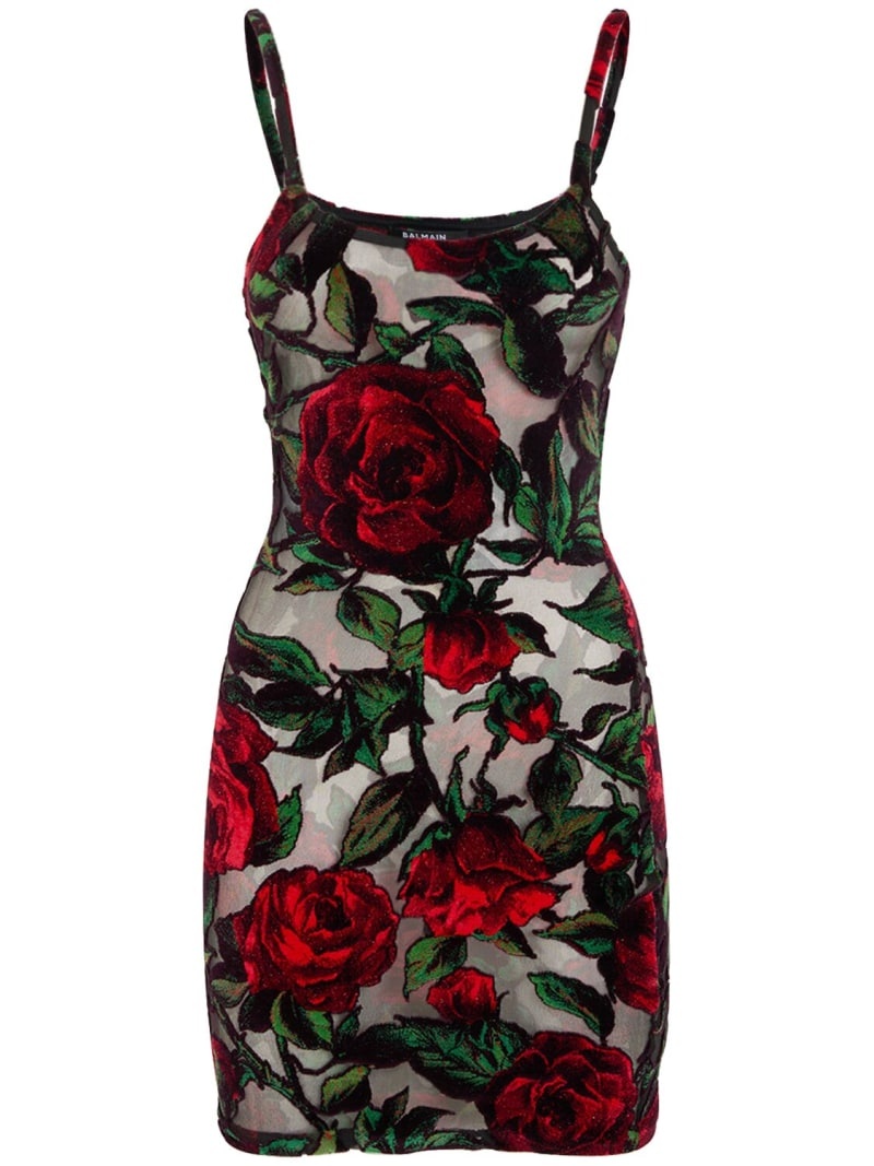 Rose print velvet mini dress - 1